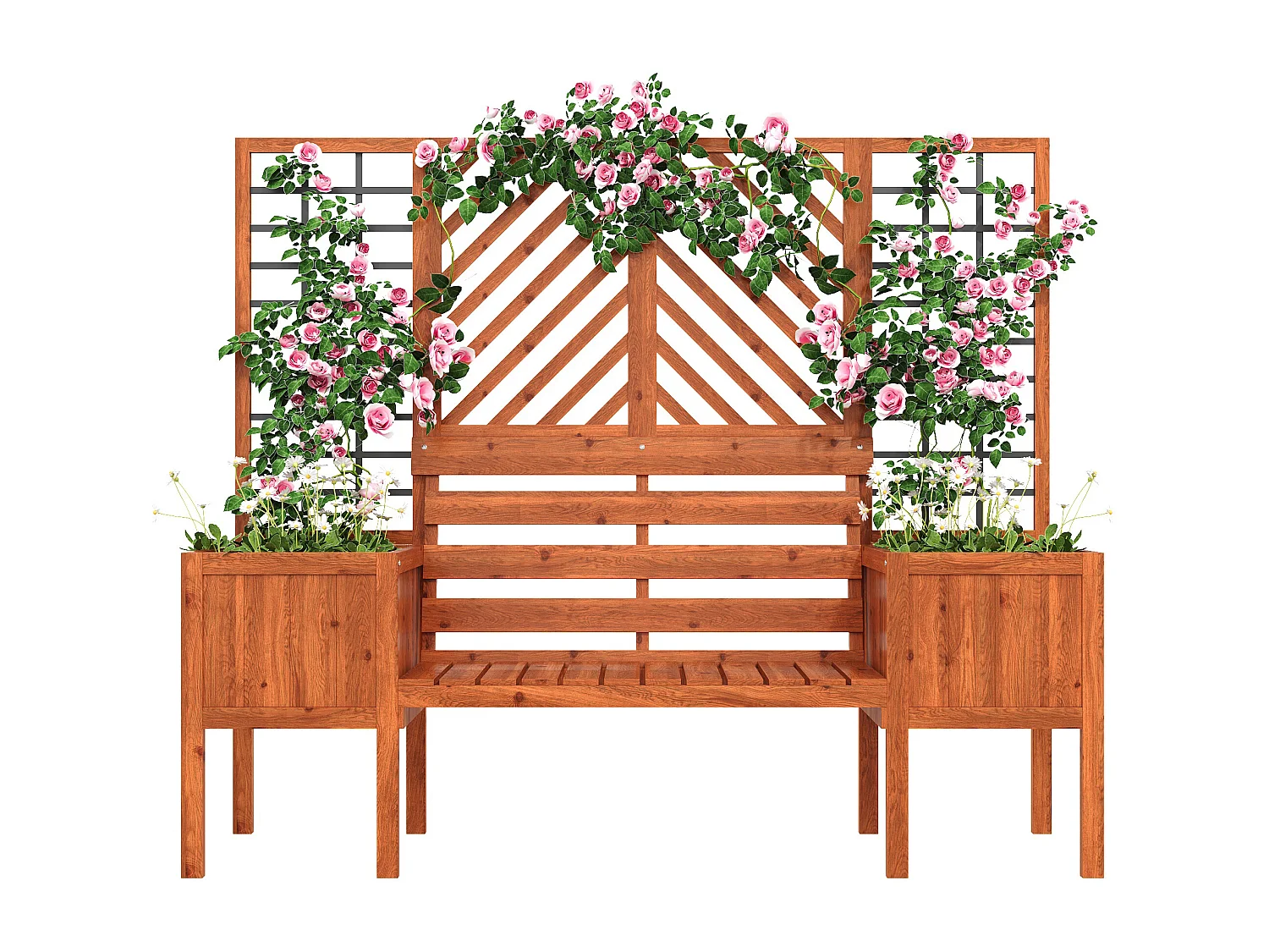 Lot de 2 Jardinière sur pièds avec Treillis en bois massif + 1 banc 2 places - 170 x 42 x 145 cm - Marron
