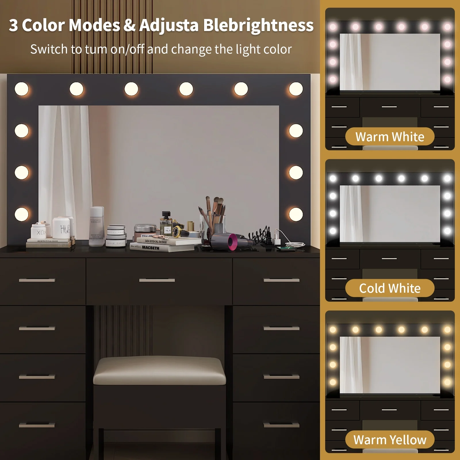 Ktaxon Large Makeup Vanity, Vanity Table Set w/ Visible Glass Top w/ Charging Station, White - Image 61