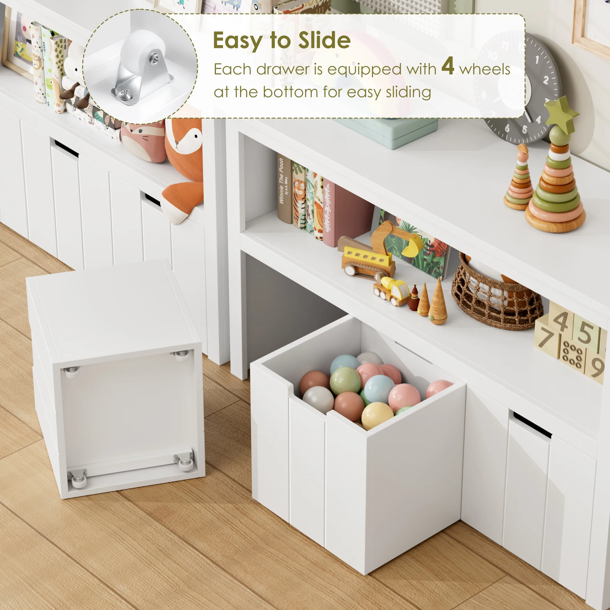Homfa Kids Toy Storage, Cubes Storage Bins with 3 Drawers, White Toy Box with Shelves and Wheels - Image 4