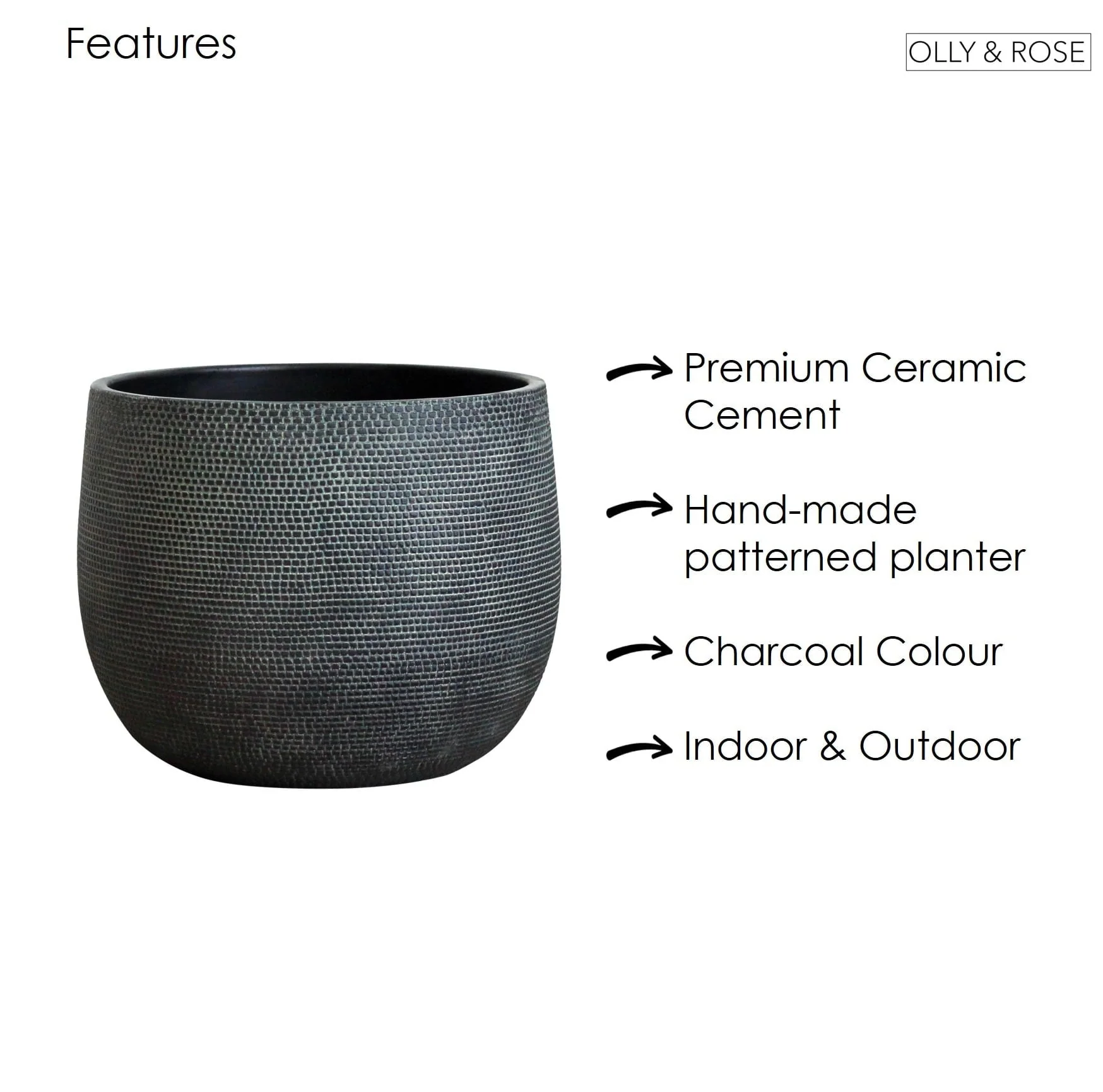 Barcelona Ceramic Plant Pot Large 10 inch - Black Flower Pots - Indoor & Outdoor Planters