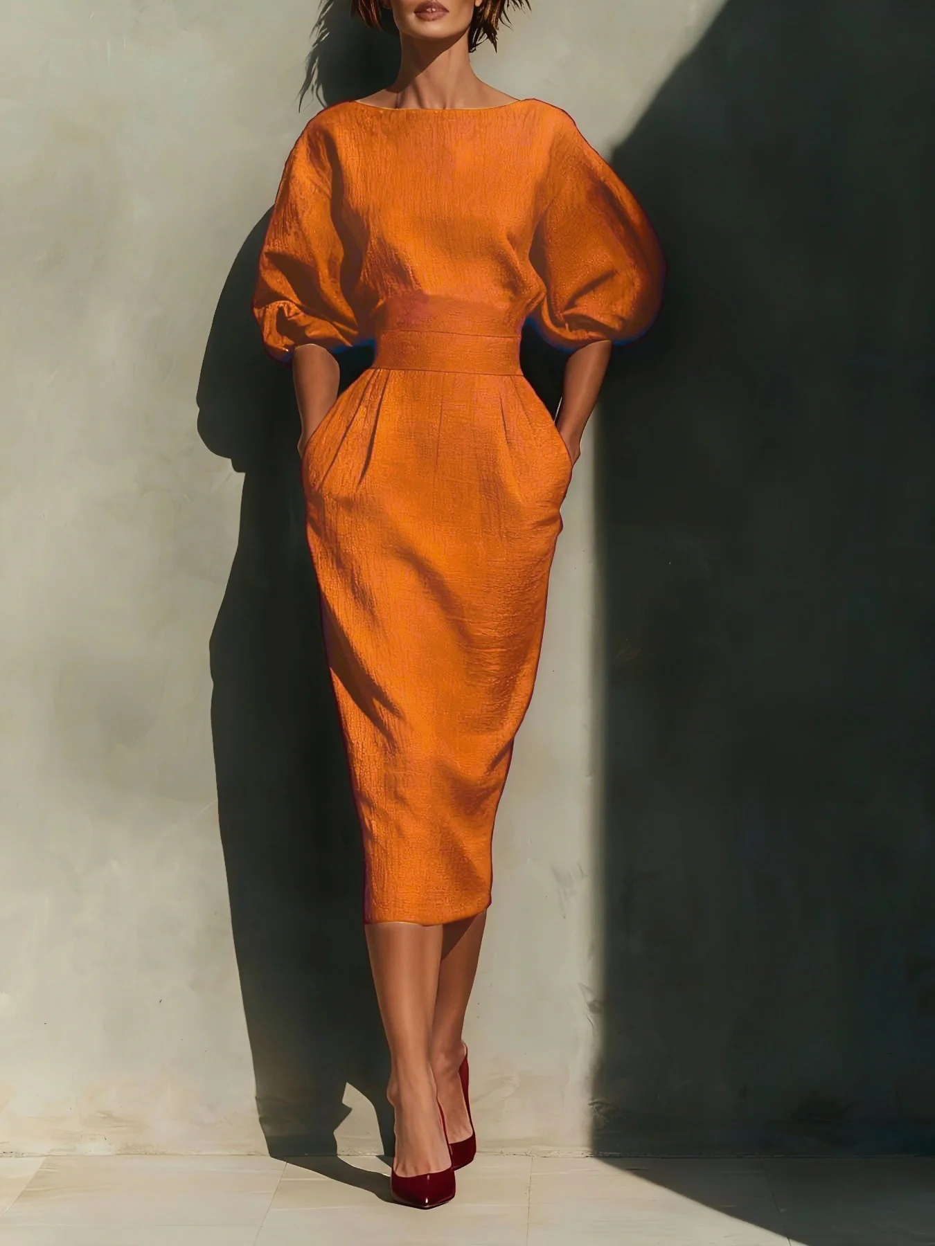 Round Neck Puff Sleeves Midi Dress - ZKZOOK