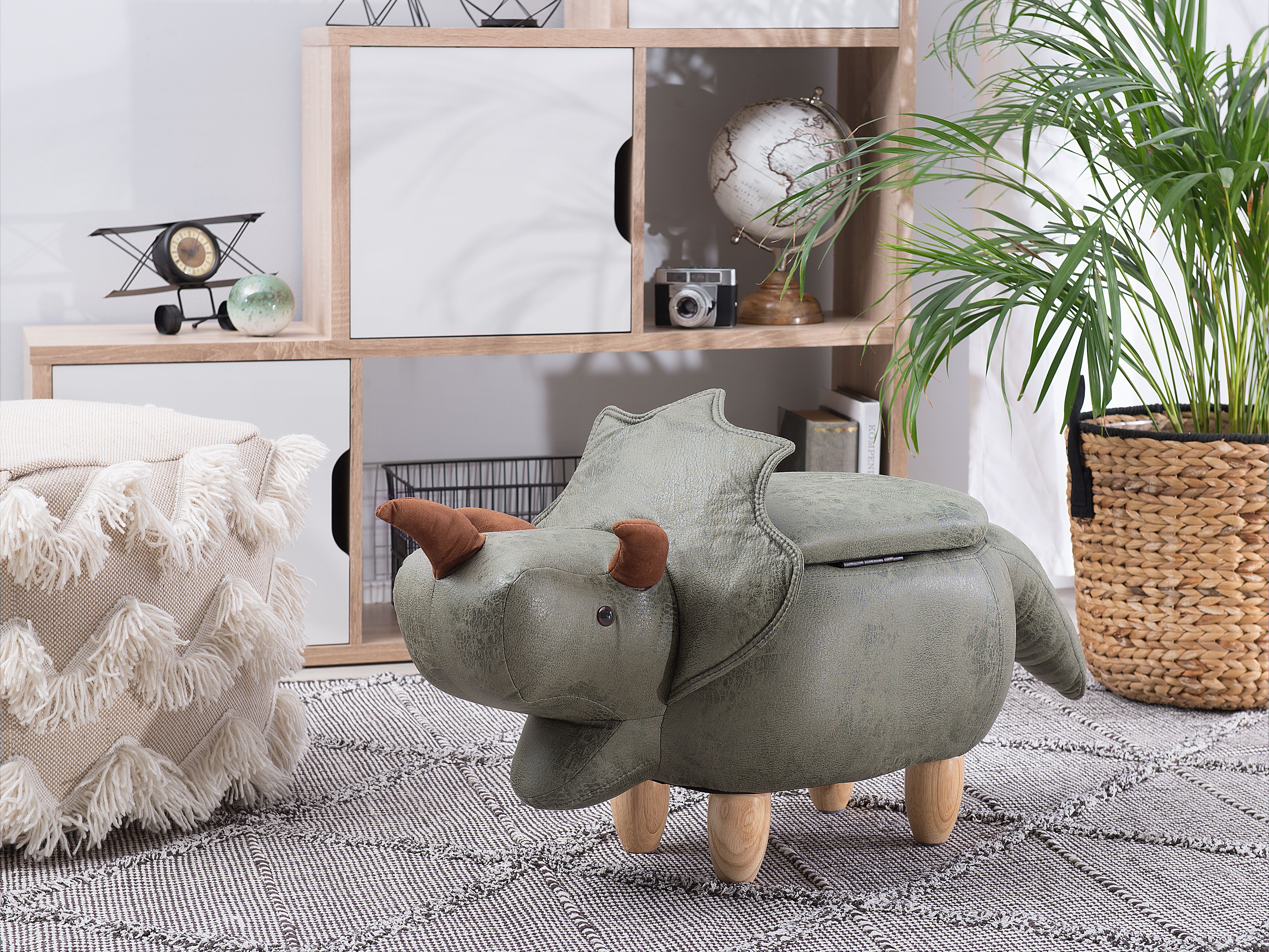 Storage Animal Stool TRICERATOPS Fabric Dark Green Dinosaur