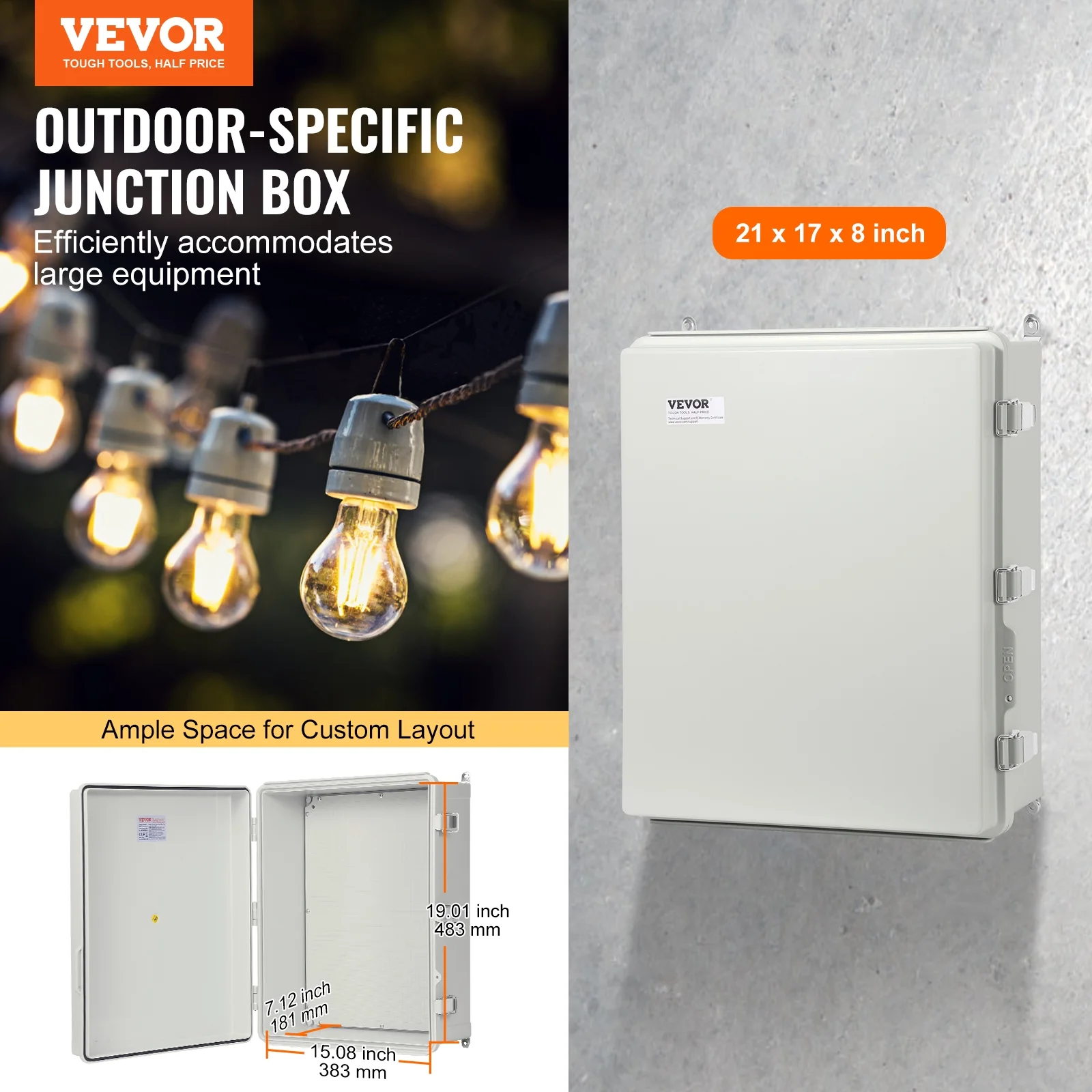 VEVOR Outdoor Electrical Junction Box, 20.87 x 16.92 x 7.87 in, ABS Plastic Electrical Enclosure Box with Hinged Cover Stainless Steel Latch, IP67 Dustproof Waterproof