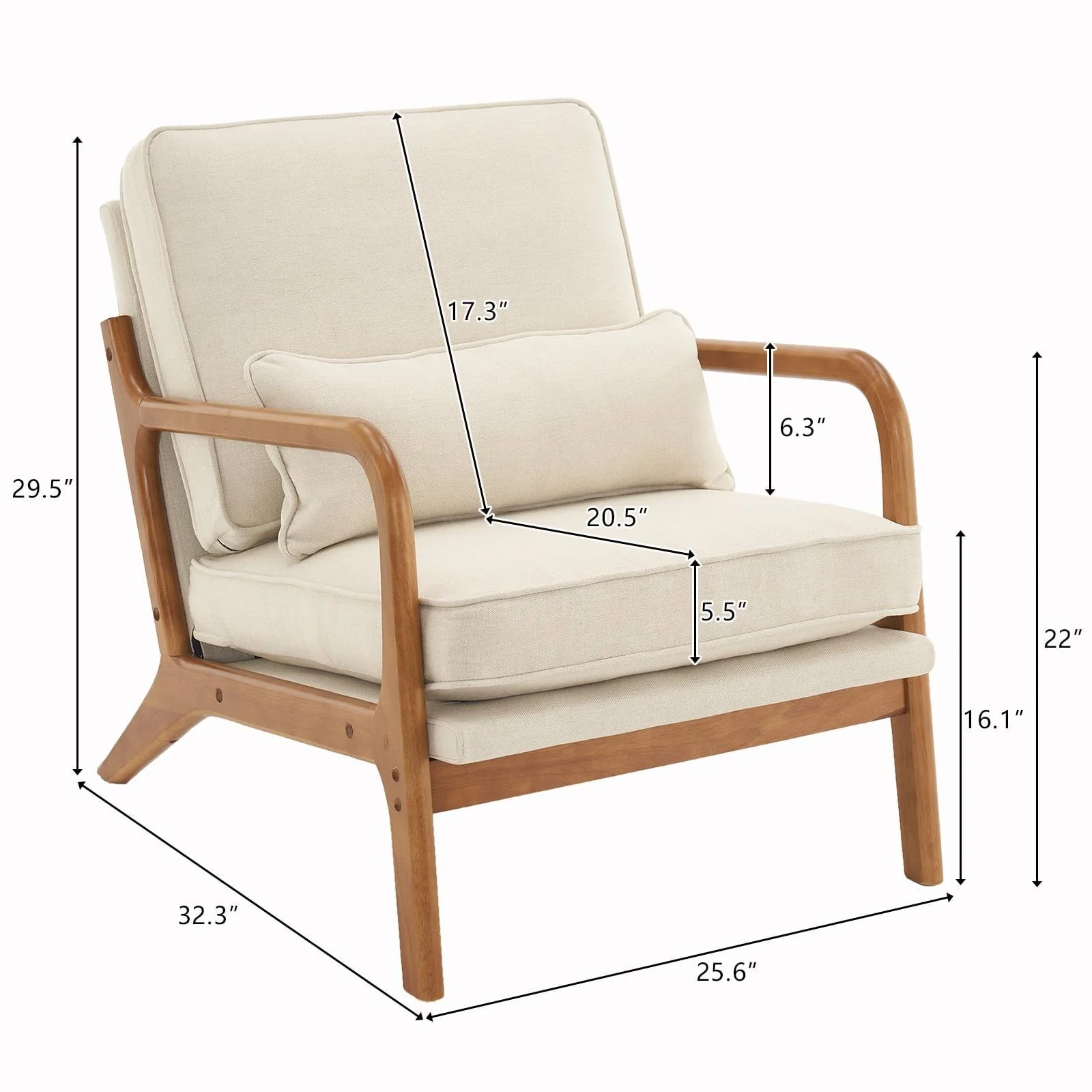 UBesGoo Modern Arm Chair Linen Fabric Upholstered Comfy Reading Accent Chair with Solid Wood Frame Beige - Image 3