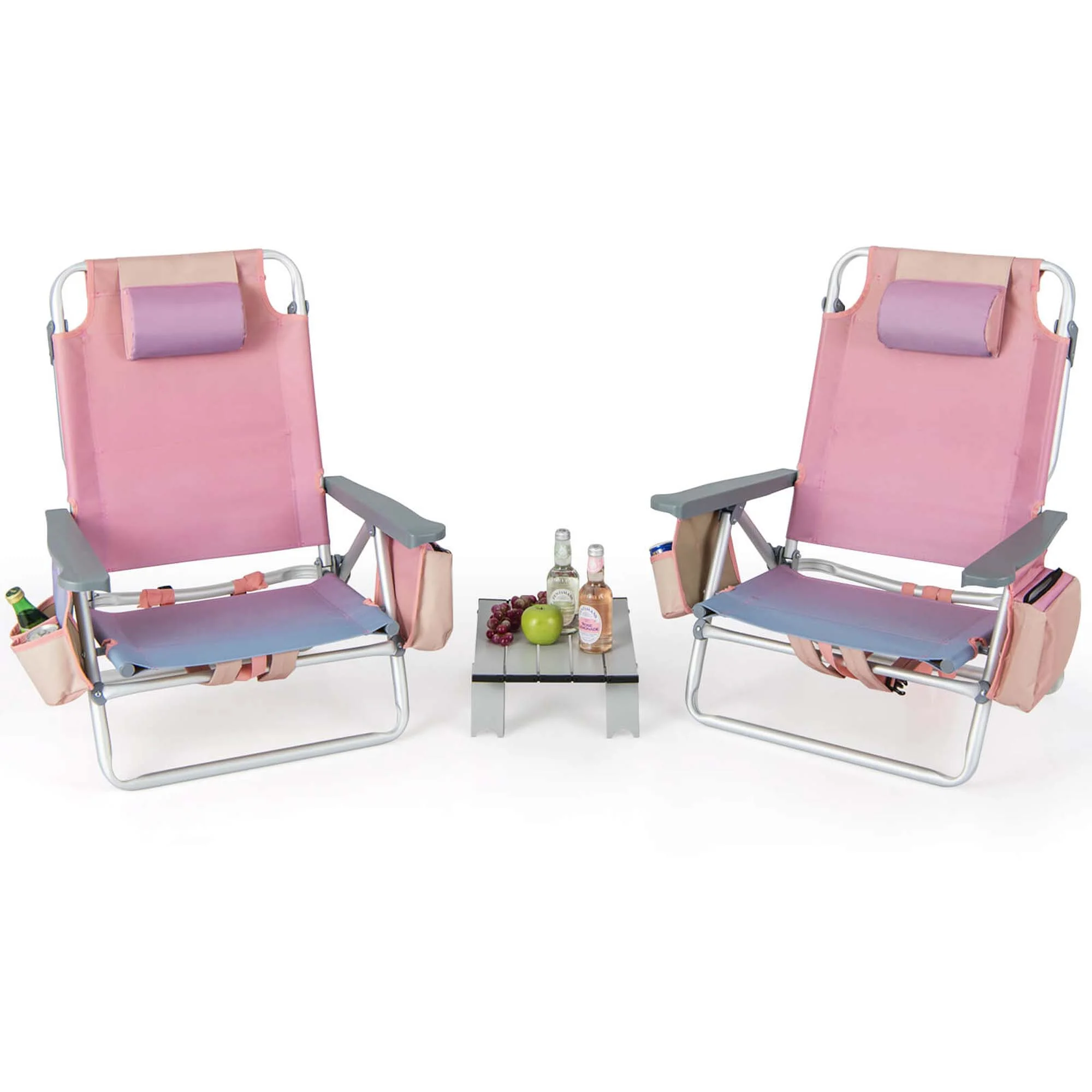 Costway 2-Pack Folding Backpack Beach Chair Table Set 5-Position Outdoor Reclining Chair Pink - Image 2