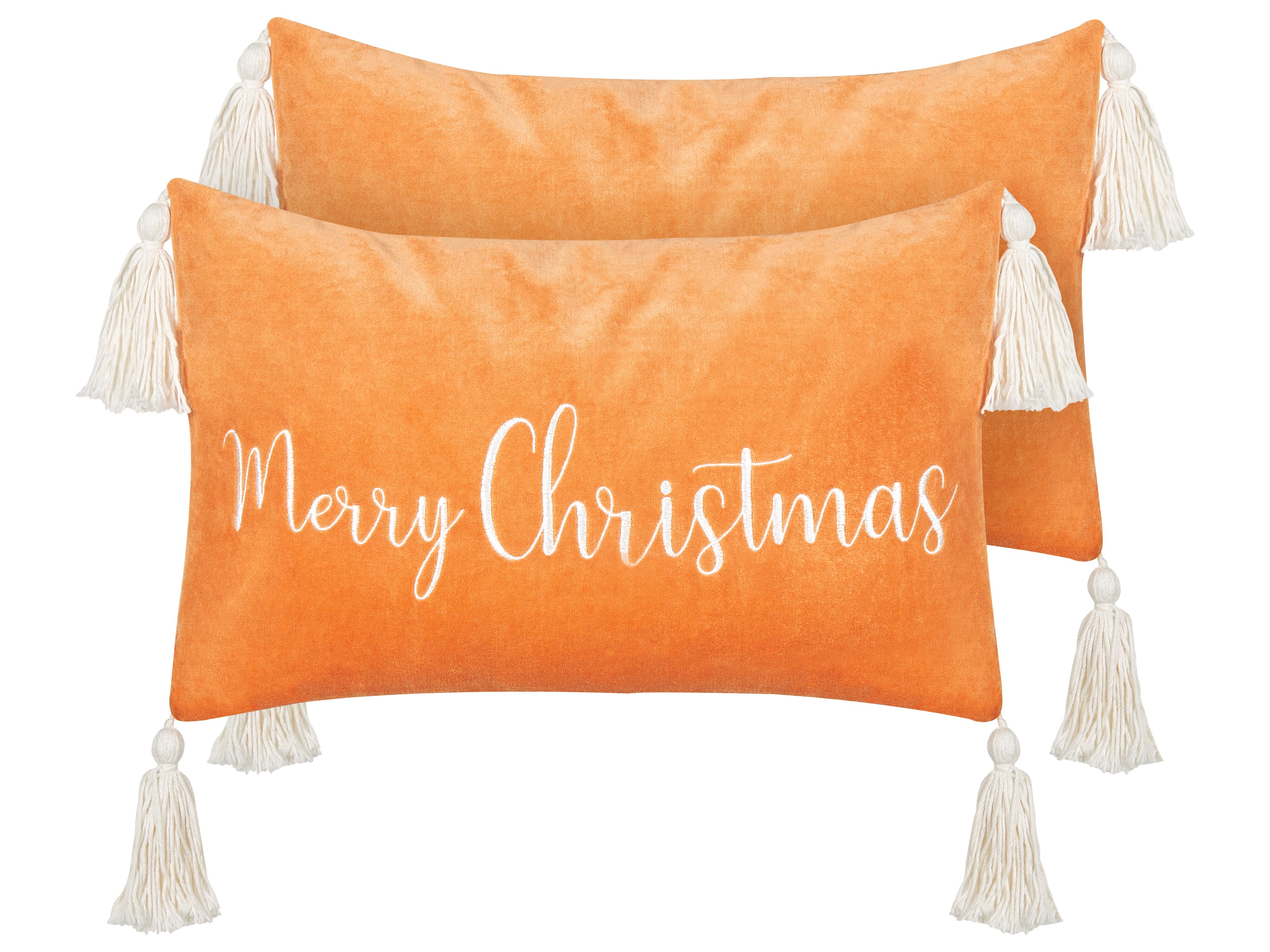 Set of 2 Decorative Cushions LITHOPS Velvet 30 x 50 cm Orange Christmas Motif
