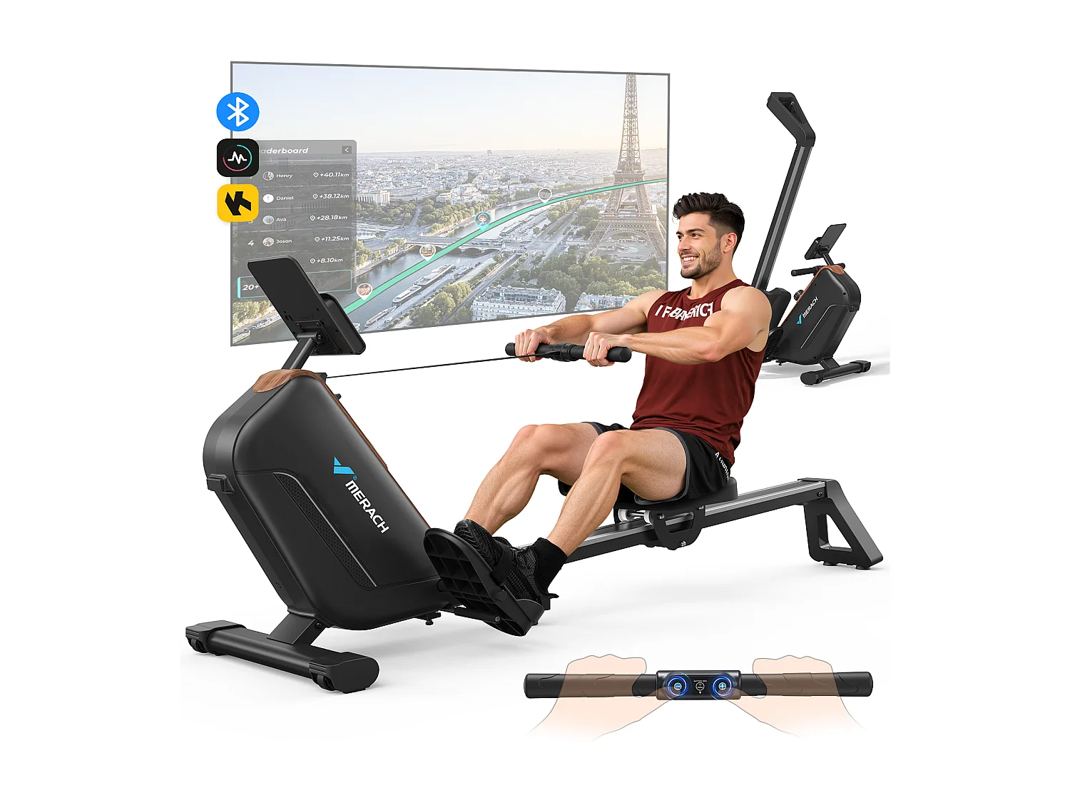 Rameur D'appartement - Merach, 16 Niveaux De Résistance Magnétique, Connecté App Zwift, Kinomap, Écran LCD, Max Charge 155 Kg