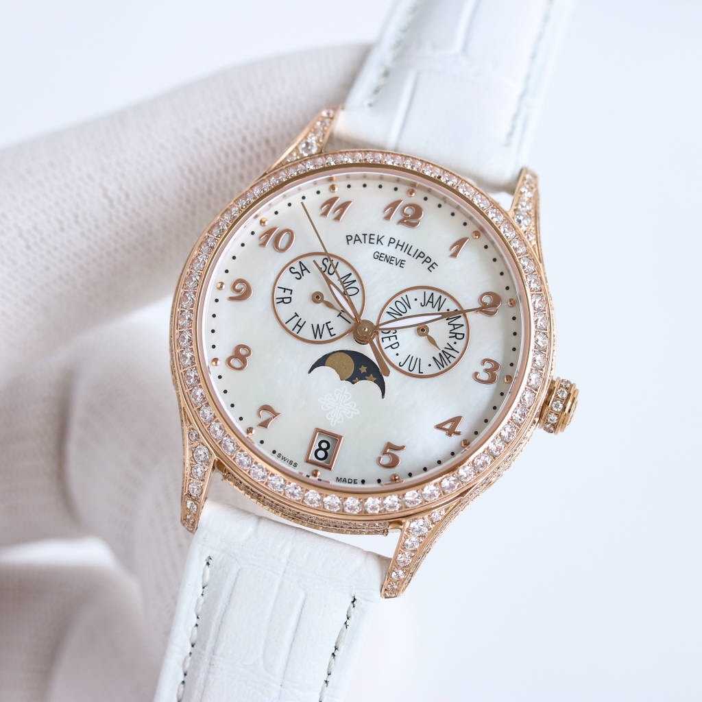 Fake Diamond Watch Patek Philippe Replica 4937R-001 Complications Ladies Annual Calendar Moon Phase 37mm White Mother of Pearl Arabic Rose Gold Diamond Set Leather Date(1:1 replica) - Top club