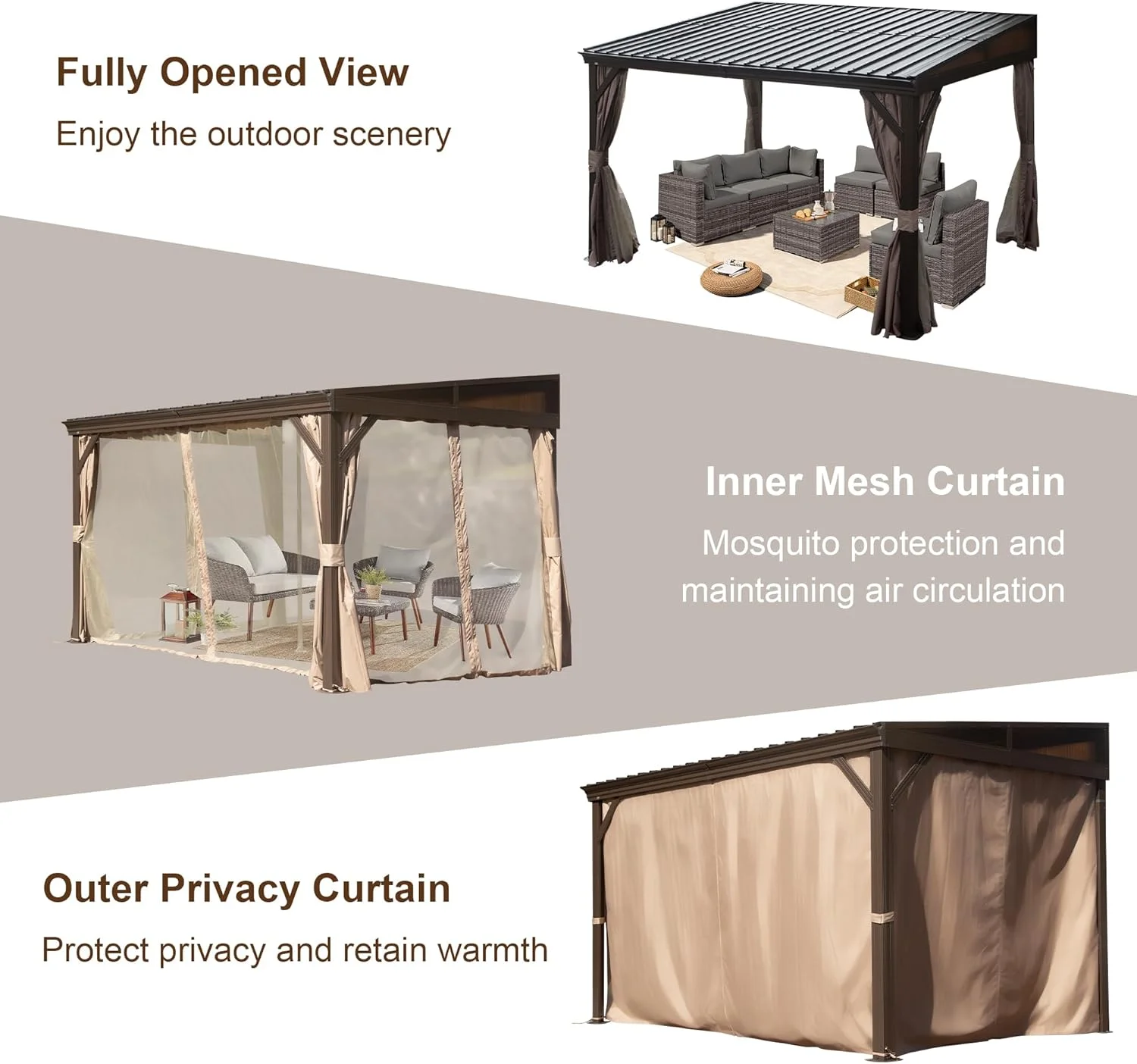 TOTAL Outdoor 10'x12' All-Season Sunroom Gazebo with Steel Roof, PVC Screen, Front & Side Door, Brown - Image 98