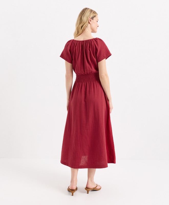 Organic Coastal Double Gauze Boho Midi Dress - Red