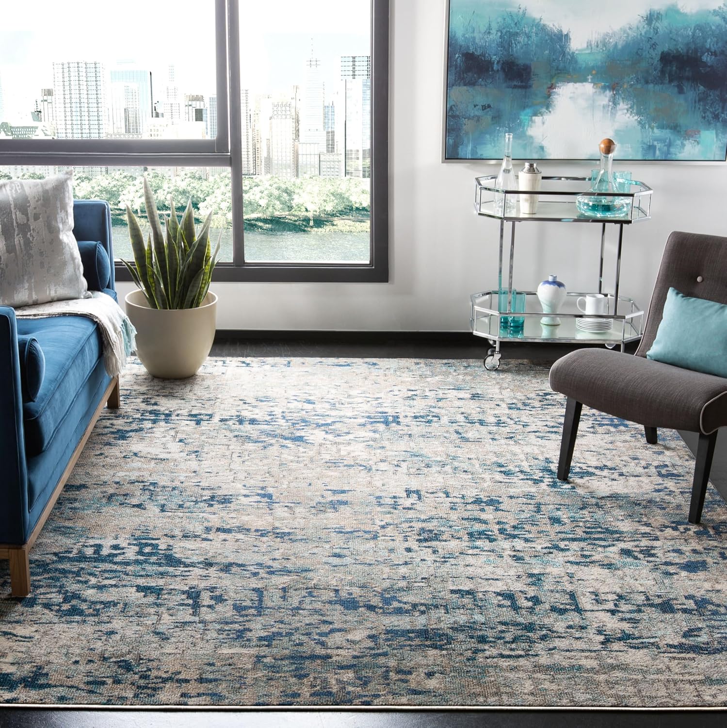 SAFAVIEH Madison Collection X-Large Area Rug - 12' x 18', Grey & Blue, Modern Abstract Design, Non-Shedding & Easy Care, Ideal for High Traffic Areas in Living Room, Bedroom (MAD460K)