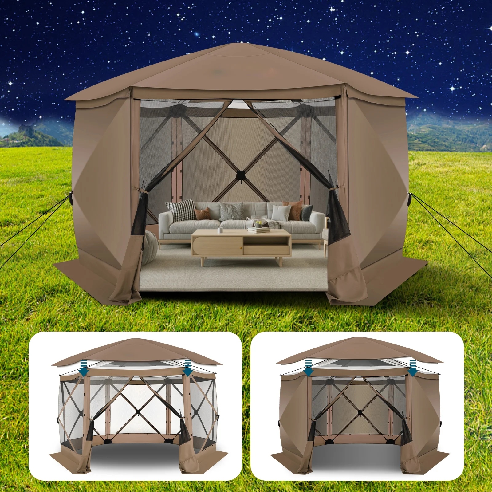 COBIZI 12'x12' Pop-up Gazebo Outdoor Camping Tent with 6 Sides Mosquito Netting, Waterproof, UV Resistant, Portable Screen House Room, Easy Set-up Party Tent with Carry bag, Ground Spike, Brown - Image 36