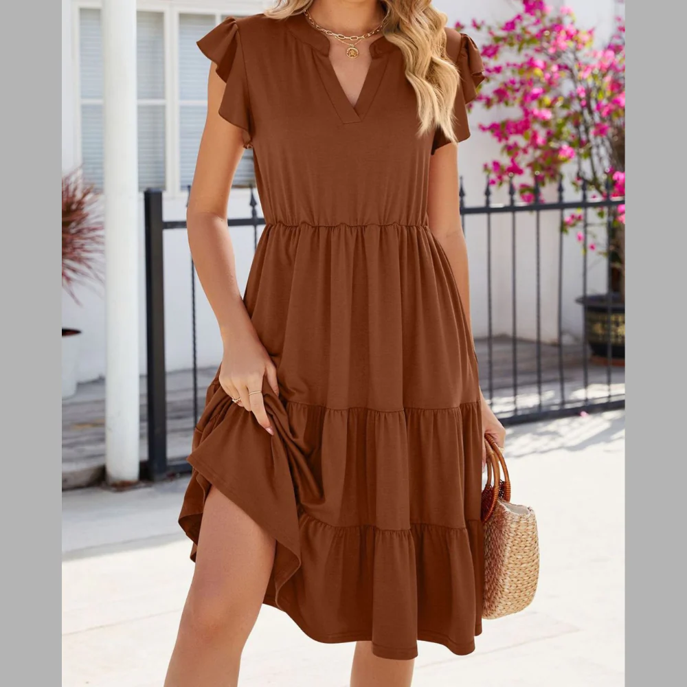 Ruffled Notched Tiered Midi Dress - ZKZOOK