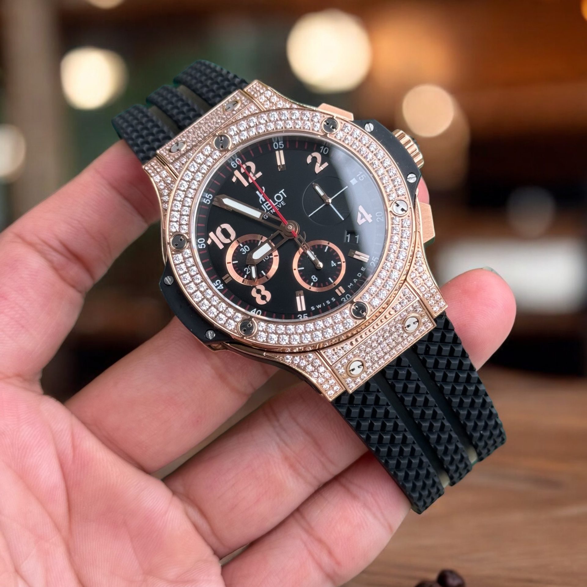 Hublot Replica 11 Watch Big Bang Chronograph Full Stone Face Black High Quality 44mm - Elite Watch Atelier