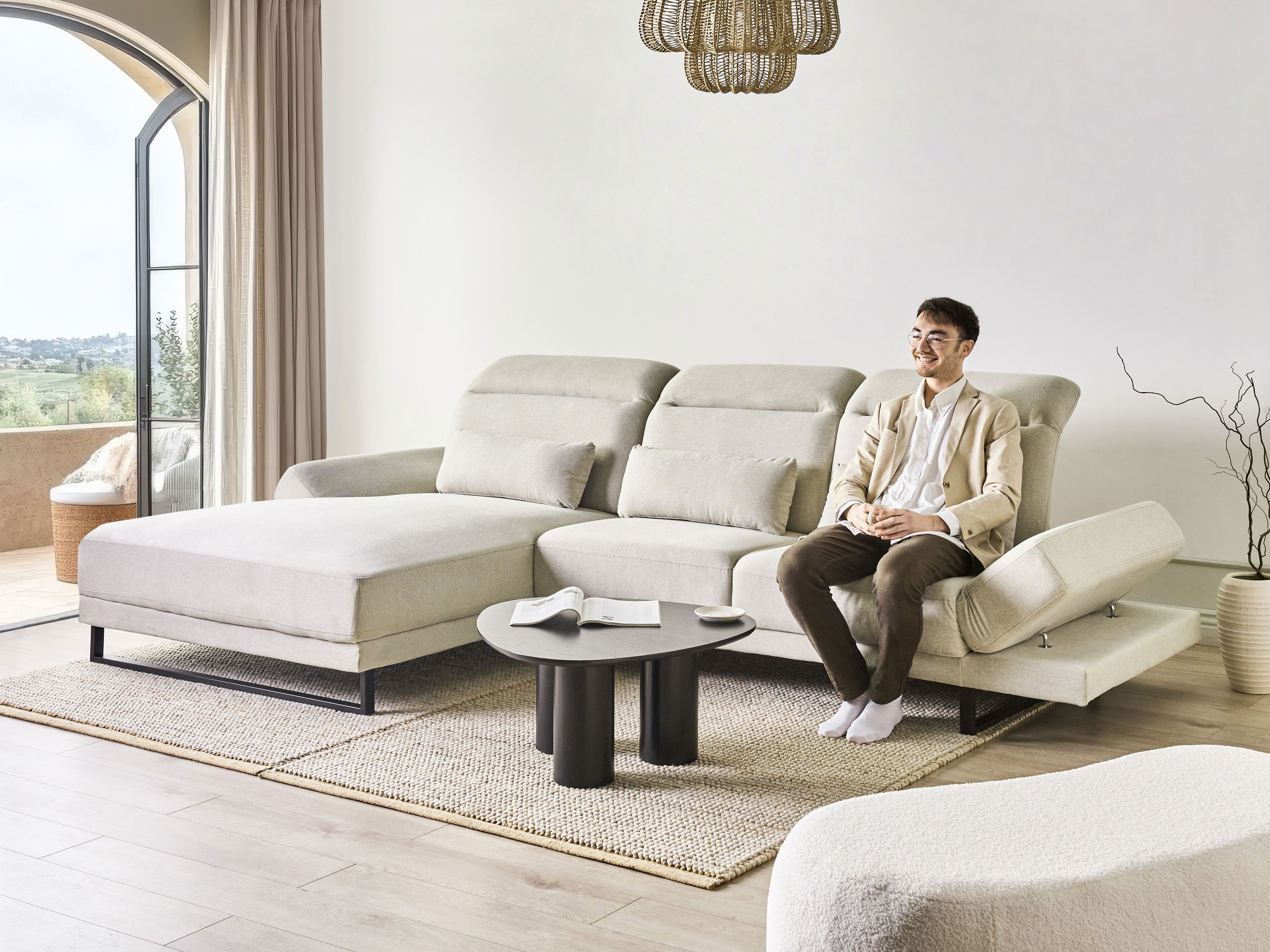 Corner Sofa 4 Seater IKAST Fabric Light Beige Right Hand