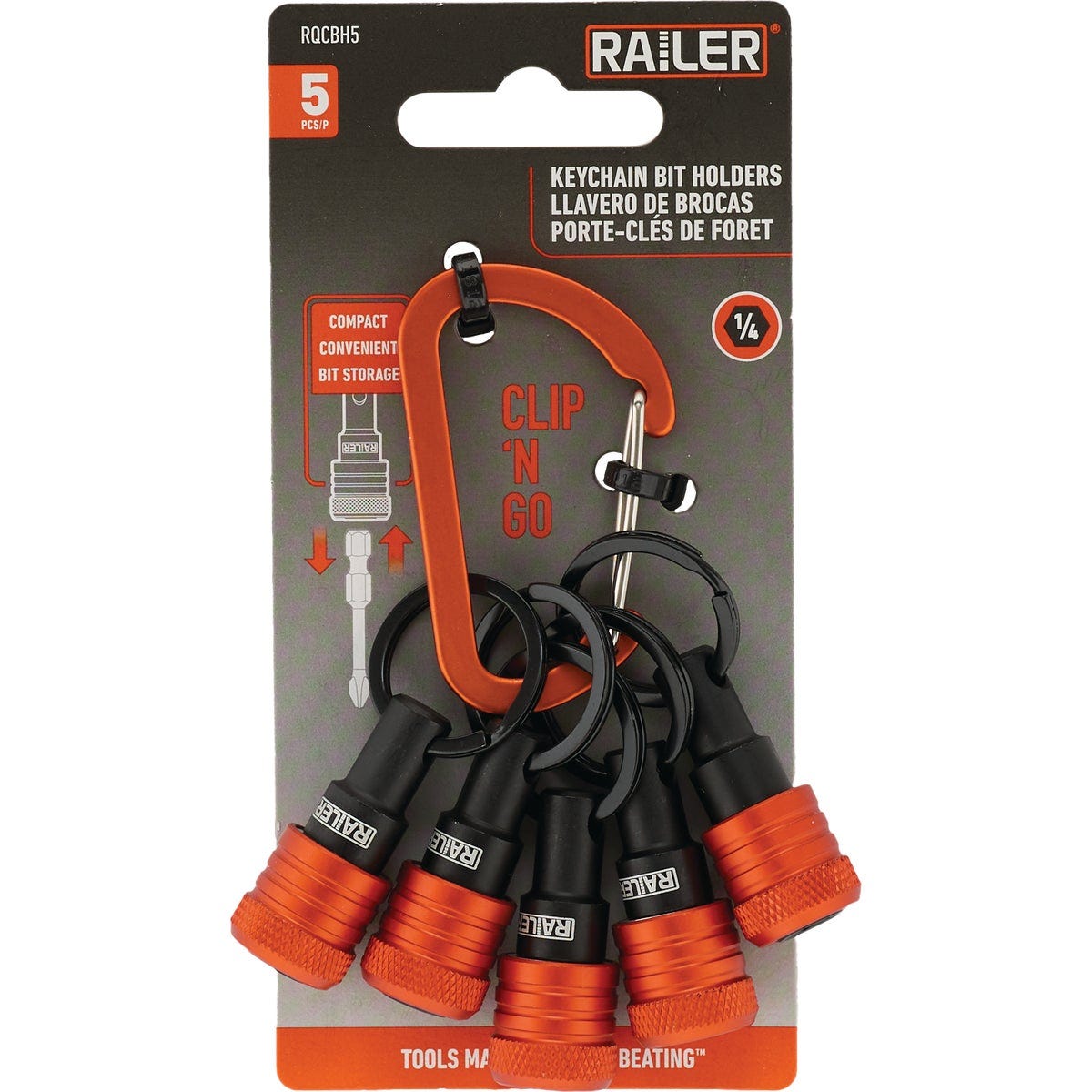 Railer Bit Holder Keychain with (5) Orange Hex Shank Bit Holders