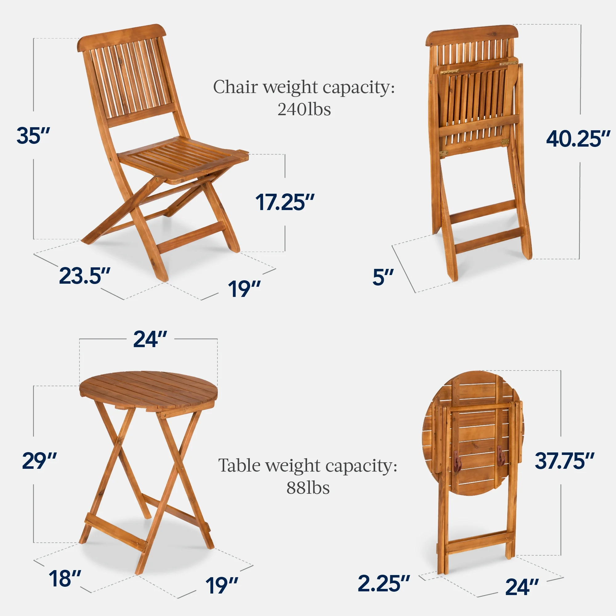 Best Choice Products 3-Piece Acacia Wood Bistro Set, Folding Patio Furniture w/ 2 Chairs, Table - Natural