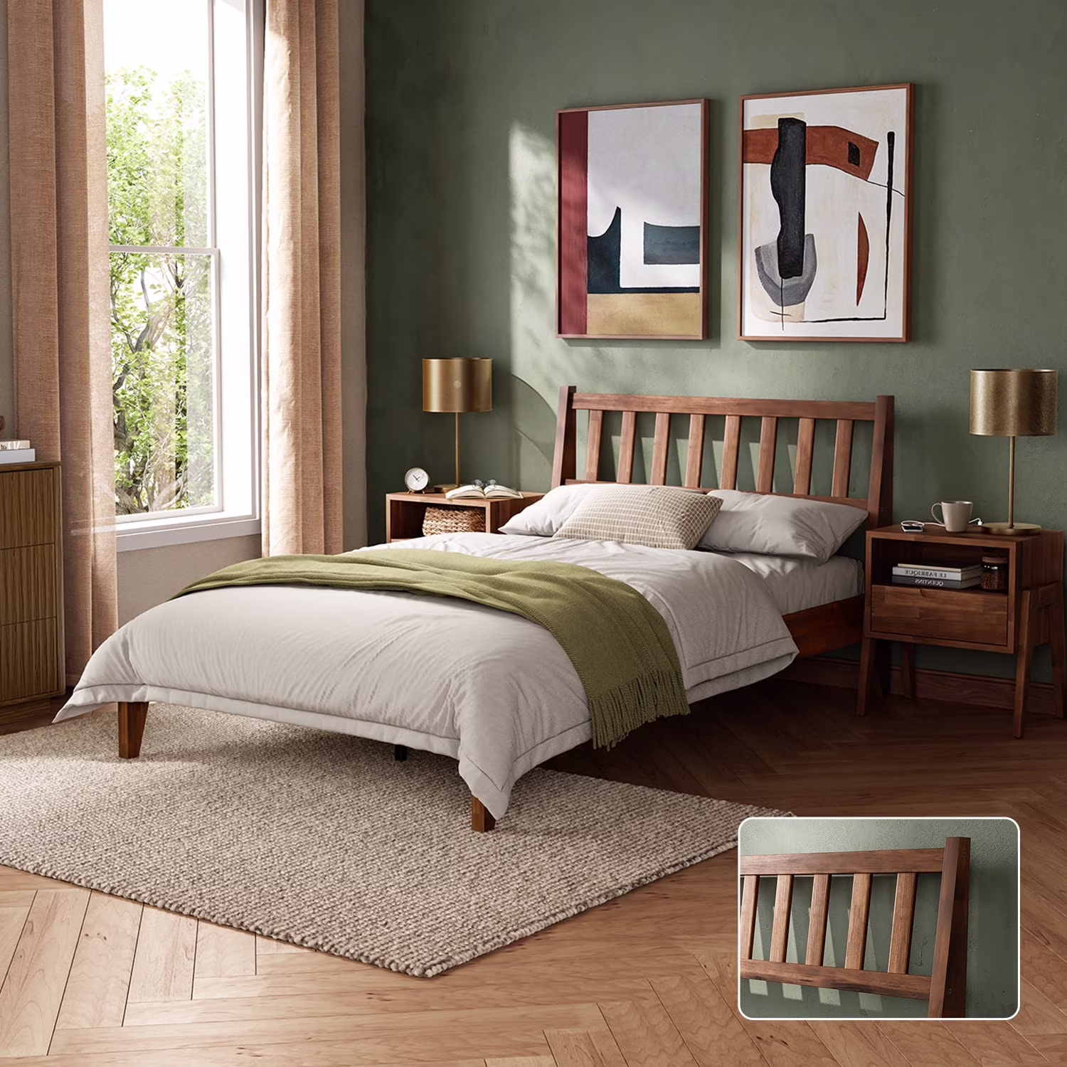 Mopio Ted Queen Bed Frame with Headboard, Full Size Bed Frame, Mid Century Modern Acacia Solid Wood Platform Bed Frame, Wooden Bed Slats, No Box Spring Needed, Double Metal Bar Support, Walnut - Image 3