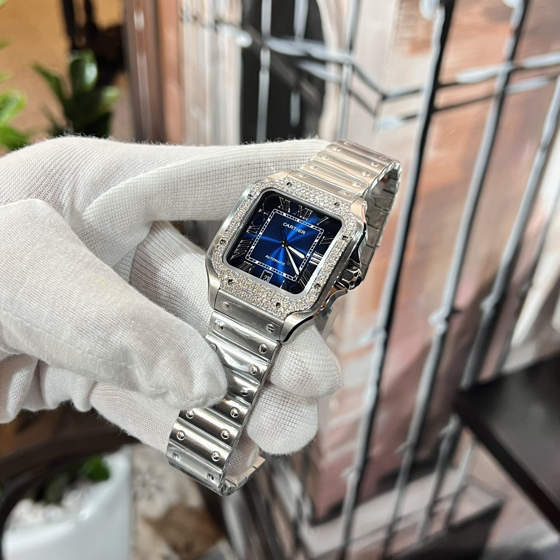 Cartier Replica Watch Santos Moissanite Diamond Bezel Blue Dial BV Factory 39.8mm - Top club