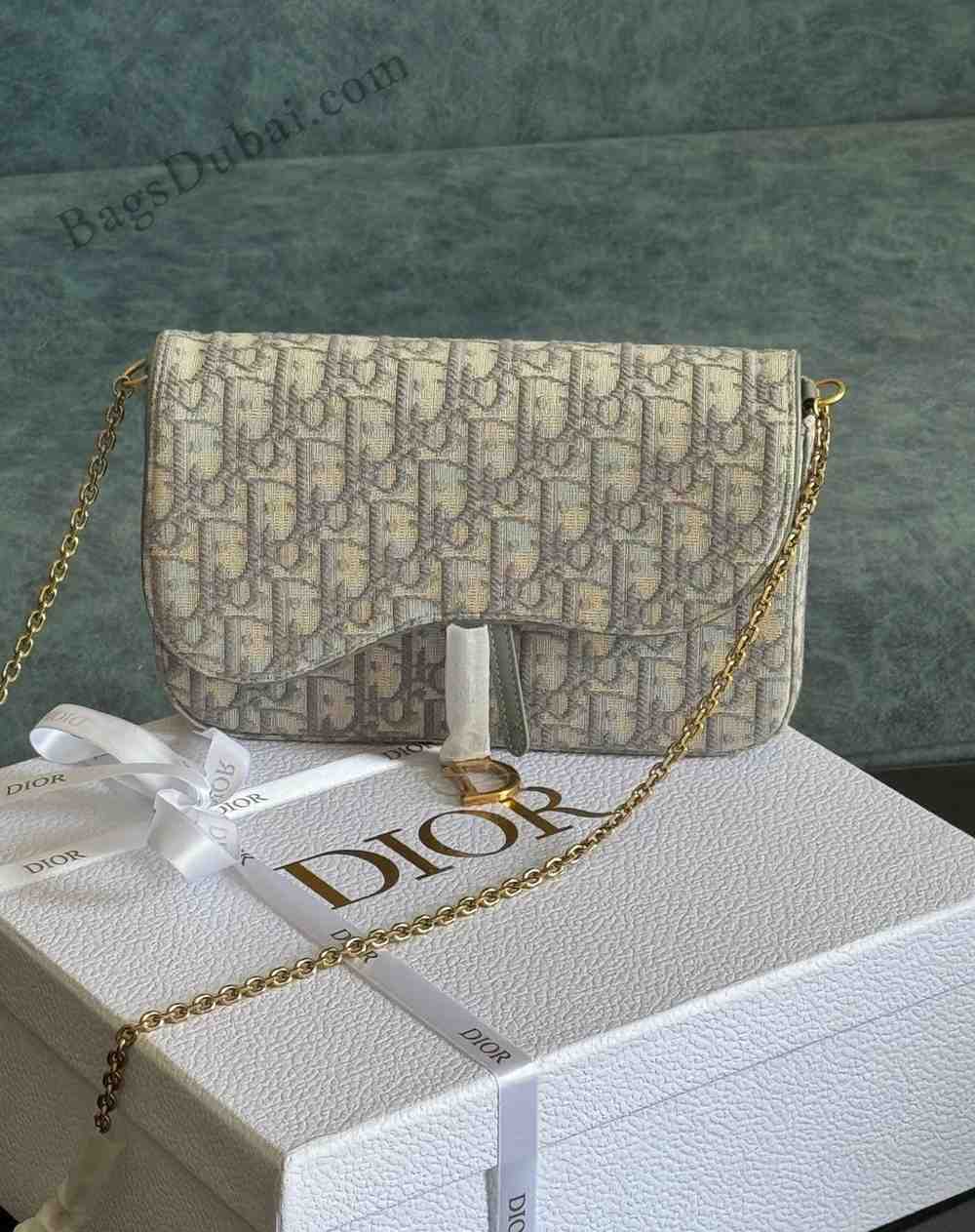 Dior Oblique Jacquard Canvas Medium Saddle Wallet With Chain In Dubai