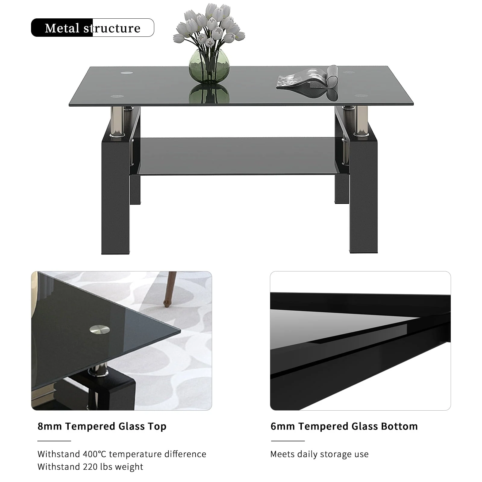 Black Glass Coffee Table Set of 3 Piece, Living Room Table Set of 3, Black Coffee Table and End Coffee Table Sets, Metal Frame (All Black A, Set of 3) - Image 2