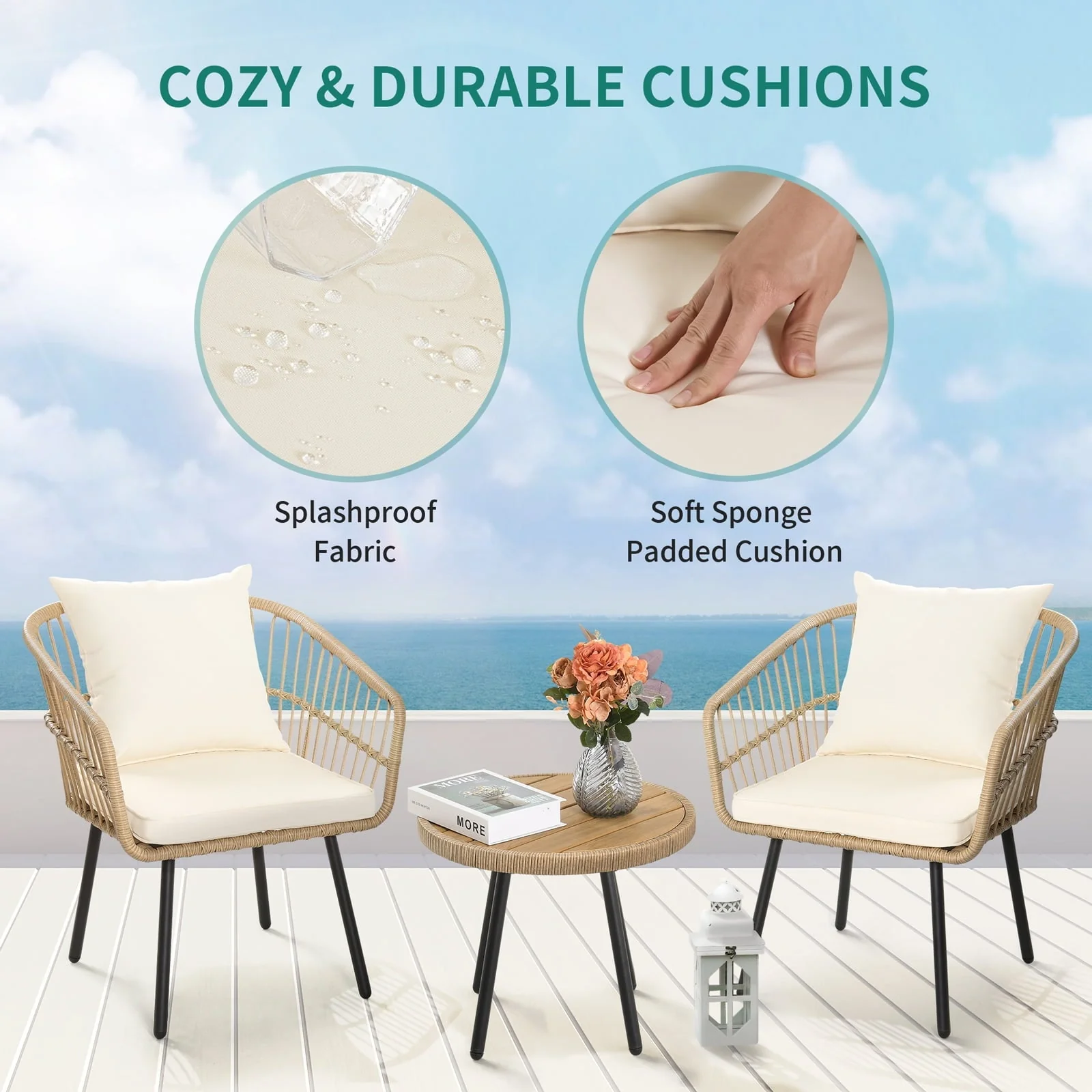 DEXTRUS 3-Piece Outdoor Patio Furniture Wicker Bistro Set with Soft Cushions - Image 5