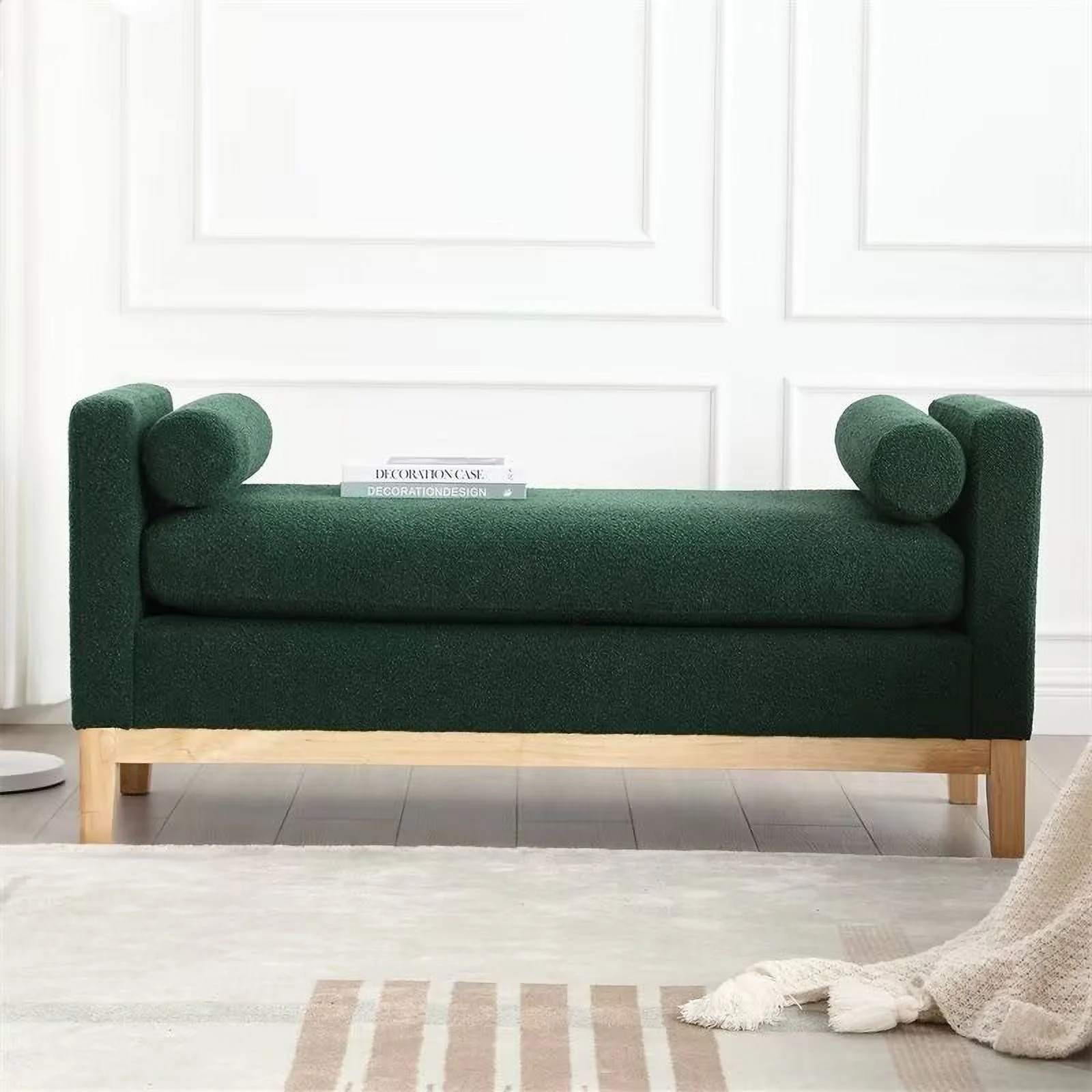 End of Bed Bench, 53.5" Boucle Fabric Upholstered Entryway Bench with Wood Legs & Bolster Pillows, Rolled Arm Cushioned Ottoman Foot Rest Long Stool Window Extra Seating for Bedroom, Ivory - Image 24