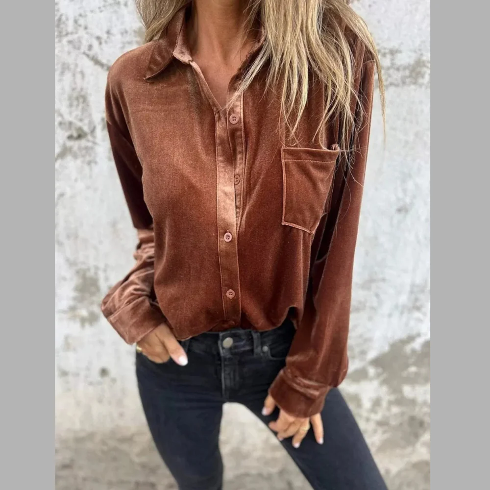 Full Size Velvet Button-Up Long Sleeve Shirt Plus Size - ZKZOOK