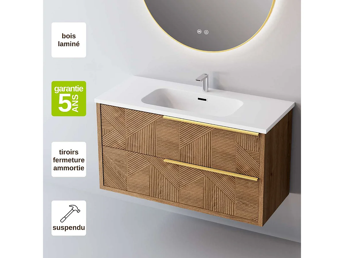 Meuble Salle de Bain REEL 100cm, Plan Vasque Solid Surface, 2 Tiroirs Impression 3D Poignée Or, Finition Chêne Moyen, H 54cm x P 45cm