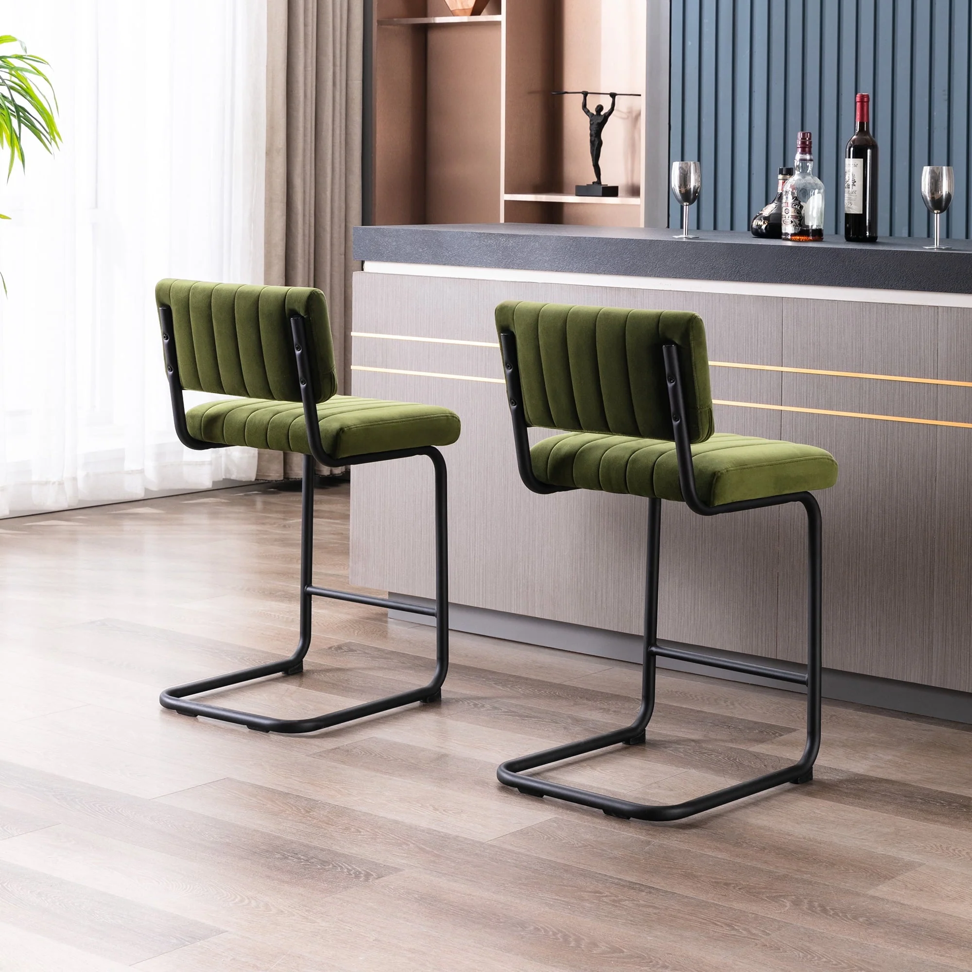 Zesthouse 24" Velvet Counter Stools Set of 2, Modern Counter Height Bar Stools with Back and Black Metal Base, Green - Image 3