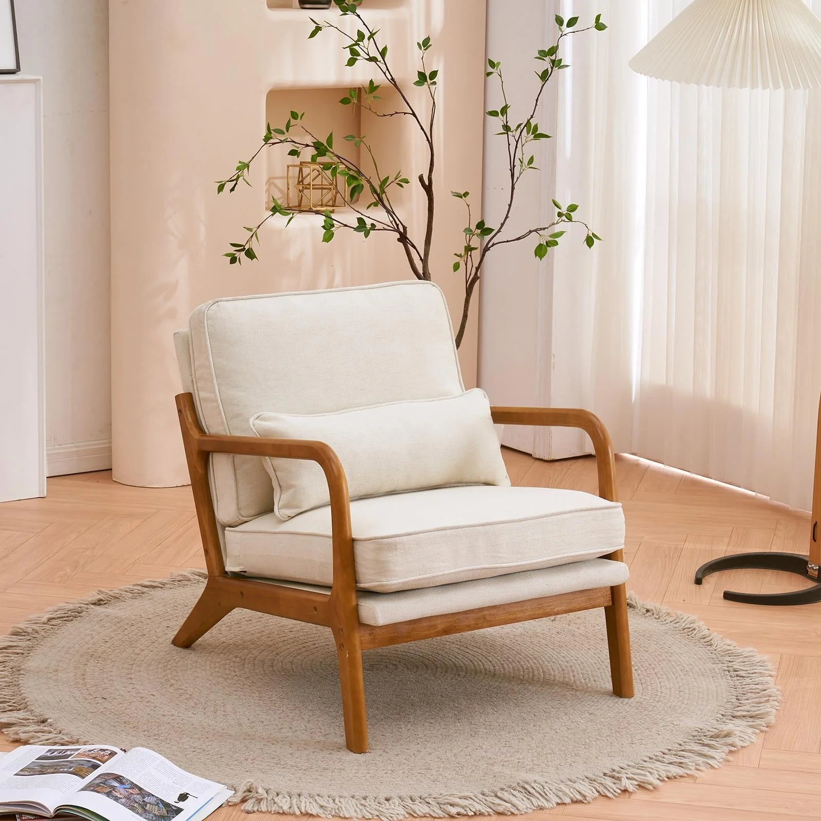 UBesGoo Modern Arm Chair Linen Fabric Upholstered Comfy Reading Accent Chair with Solid Wood Frame Beige - Image 21