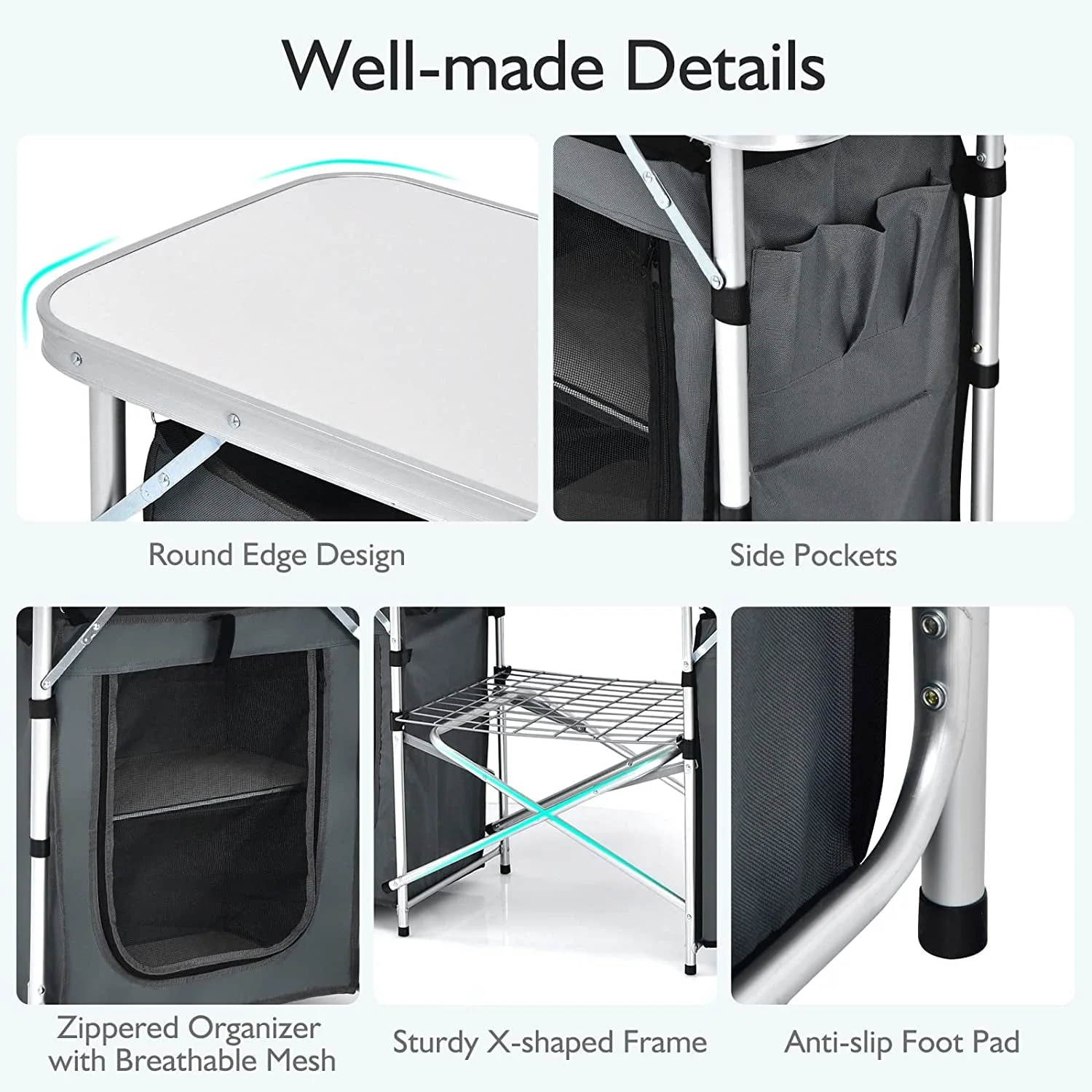 Camping Kitchen Table with Storage, Aluminum Portable Outdoor Cooking Table with Windscreen, Foldable Camp Table Cook Station for BBQ, Grill, Party, Picnics - Image 6