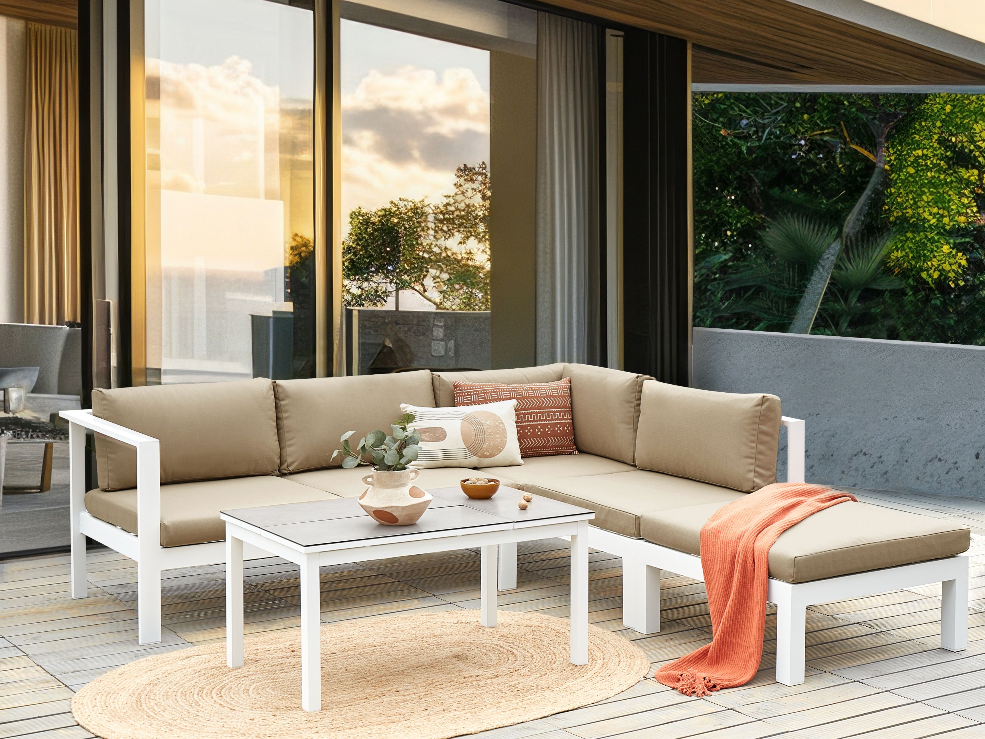 Garden Corner Sofa with Table 5 Seater MESSINA Left Hand Metal Sand Beige