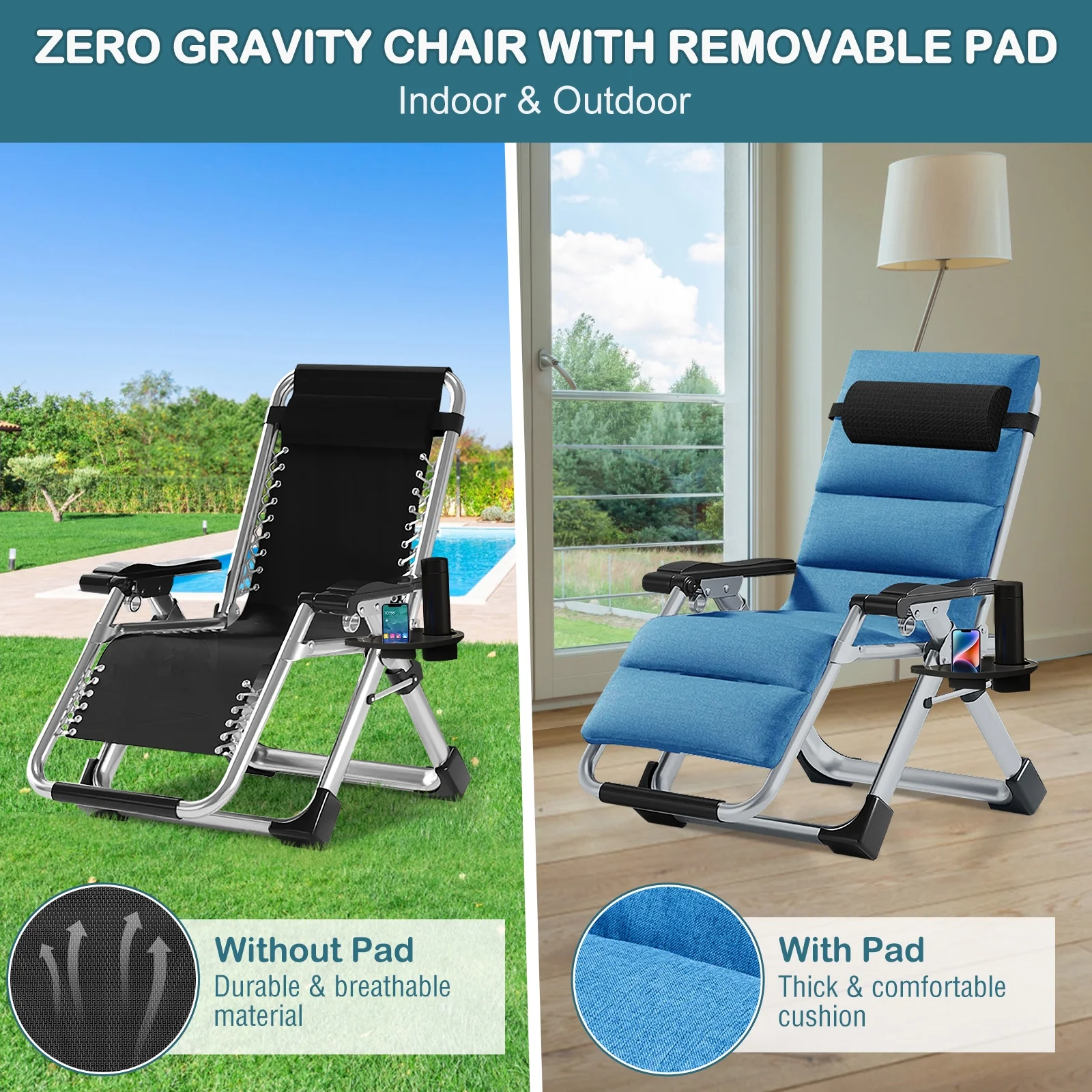 NAIZEA Zero Gravity Chair with Removable Cushion and Cup Holder Black - Image 23