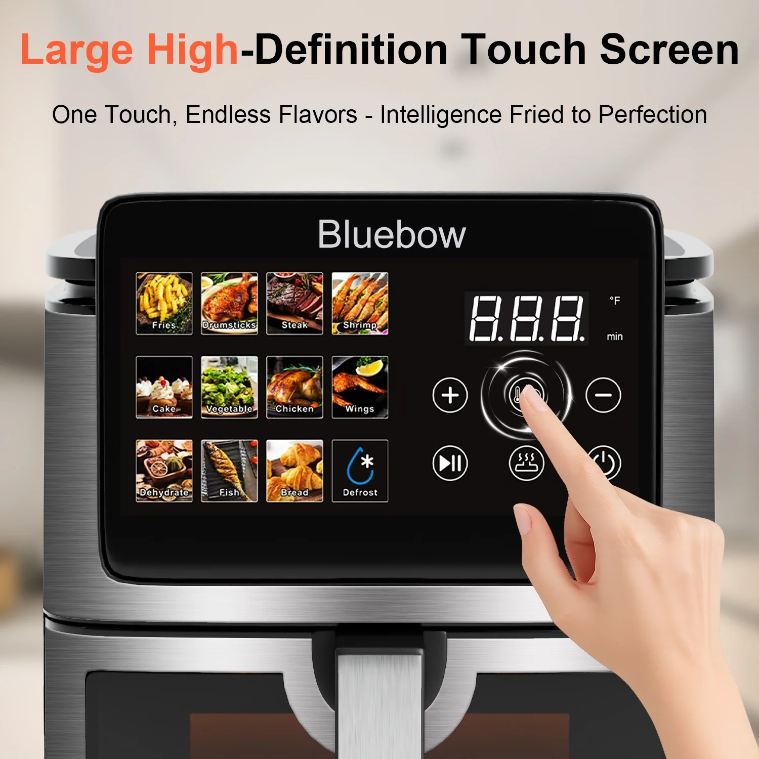Bluebow 9QT Air Fryer with Large Touch Screen, 12-In-1 Multi-Functional, Visible Window, Oil-Free Cooking, Black