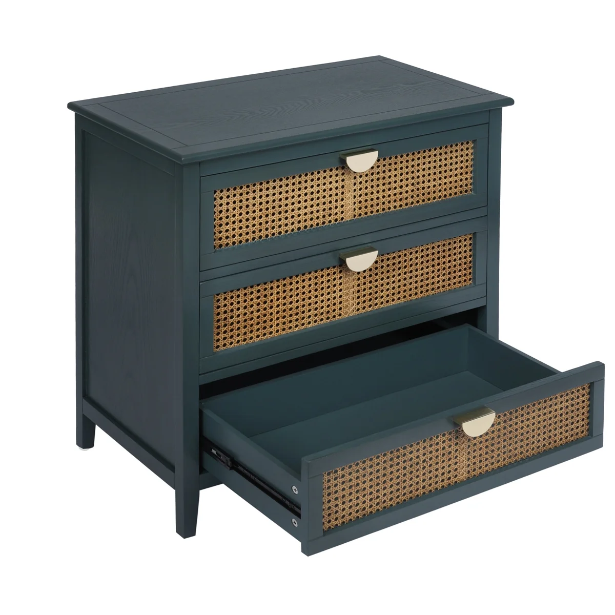 3-Drawer Cabinet,Accent Storage Cabinet with Metal Handles,Wood Side Table End Table with 3 Rattan Drawers,Free Standing Console Table Entryway Table for Bedroom Living Room Hallway,Green