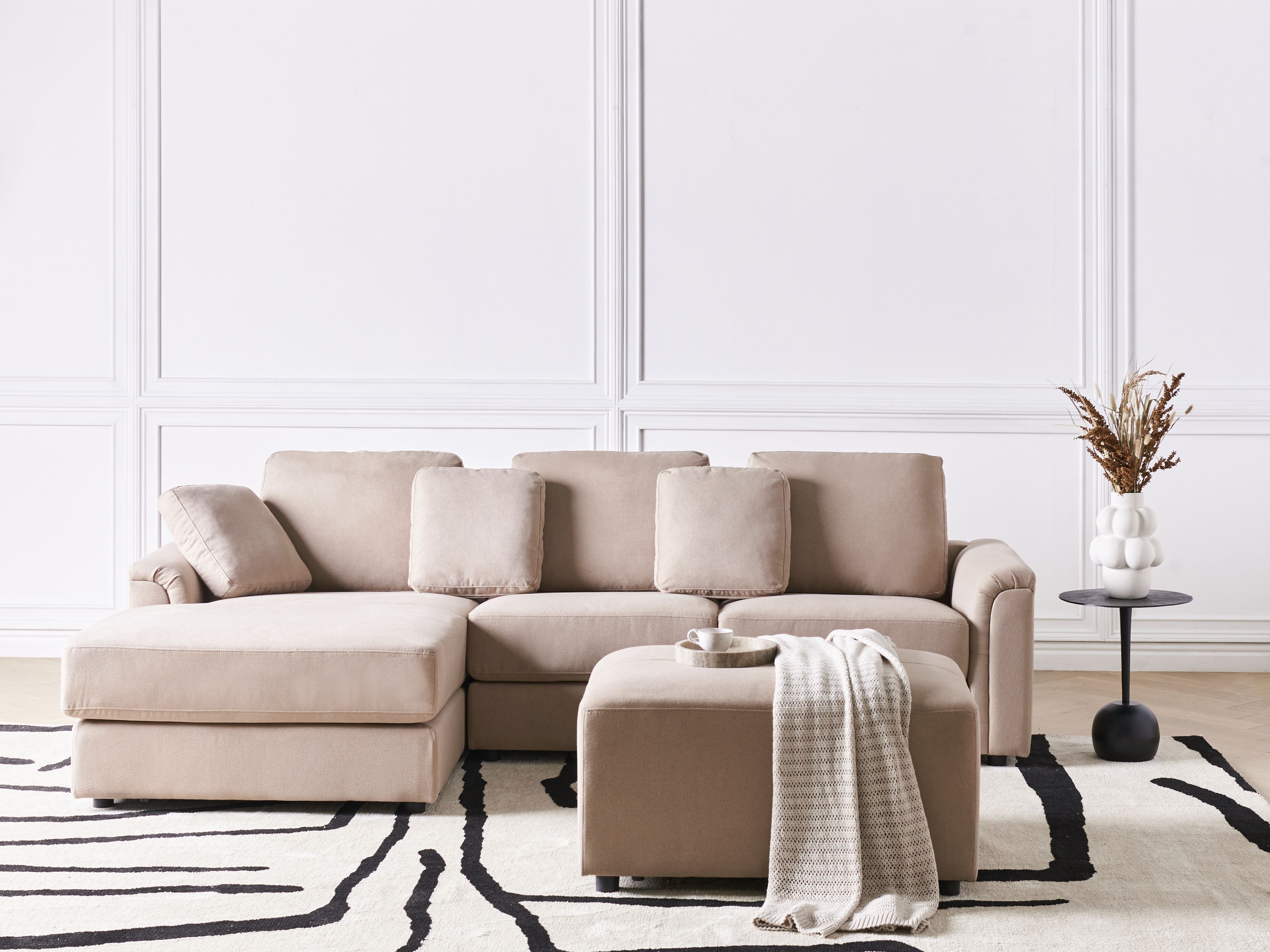 Corner Sofa 4 Seater KOHLO Fabric Taupe with Ottoman Right Hand