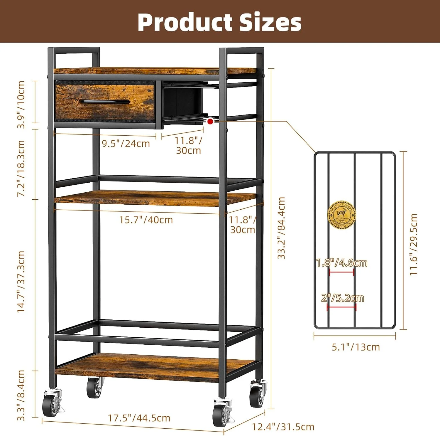 4-Tier Coffee Bar Cart with Storage, Rustic Brown Coffee Station Cabinet for Home, Kitchen, Living Room