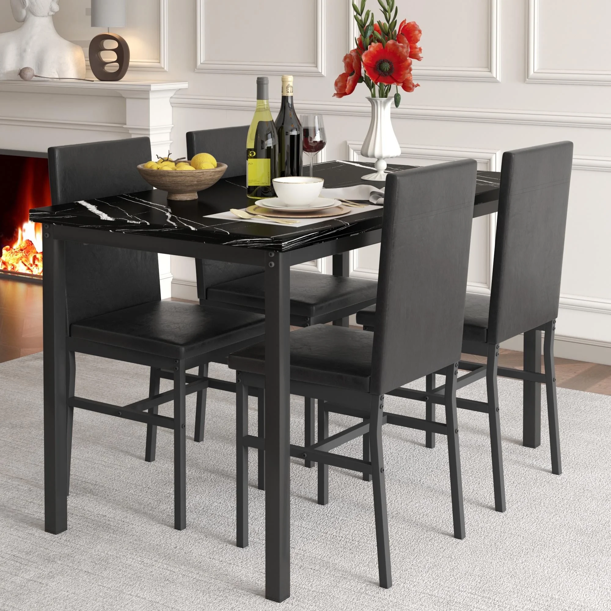 5 Piece Dining Set, Modern Dining Table and Chairs Set for 4, Counter Height Bar Table Set, Modern Pub Table with 4 Velvet Fabric Cushioned Stools, Faux Marble Dining Table & Stools Set, D9297 - Image 13