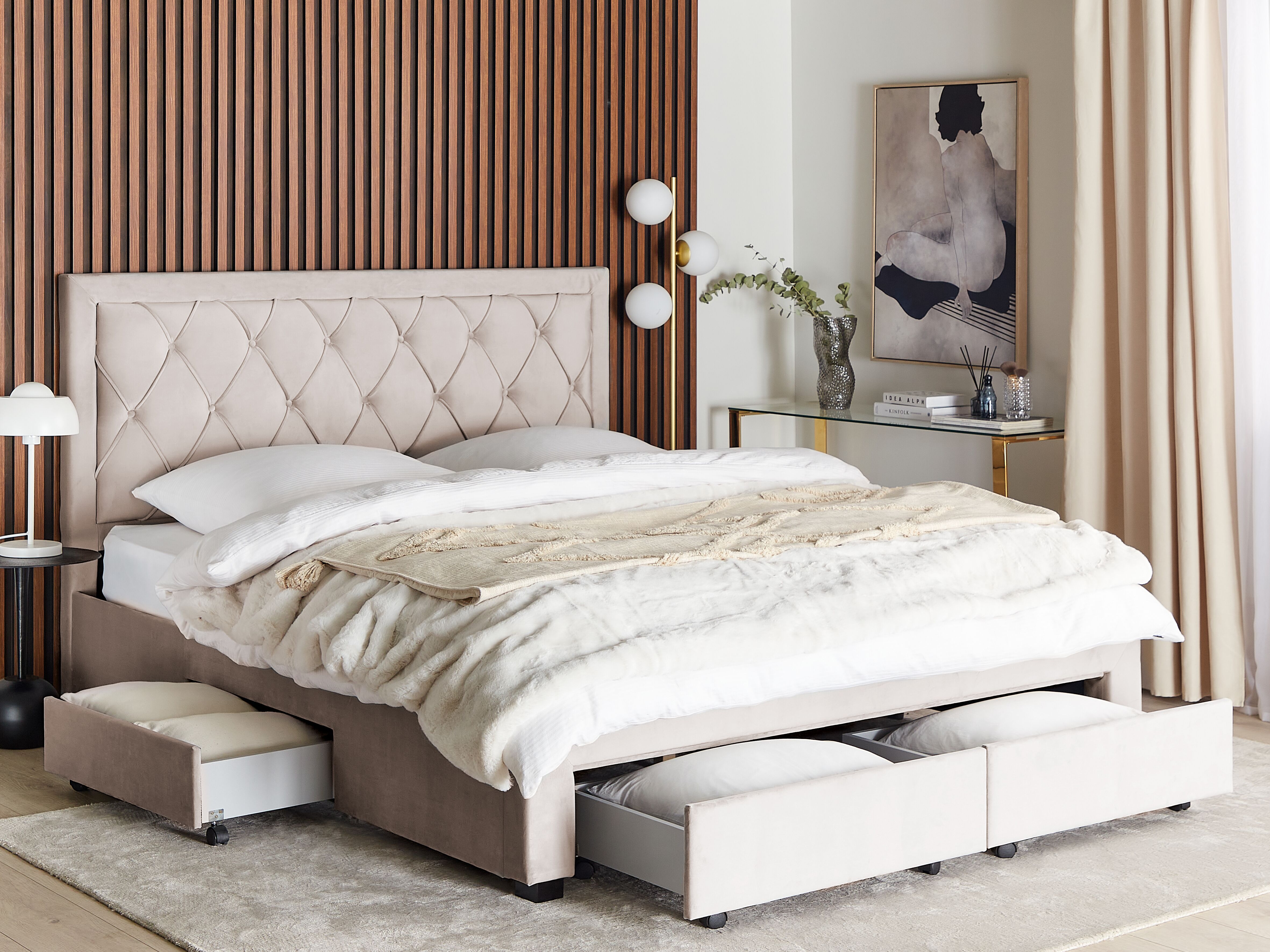 Bed with Storage Drawers Velvet LIEVIN 180 x 200 cm (EU Super King) Beige