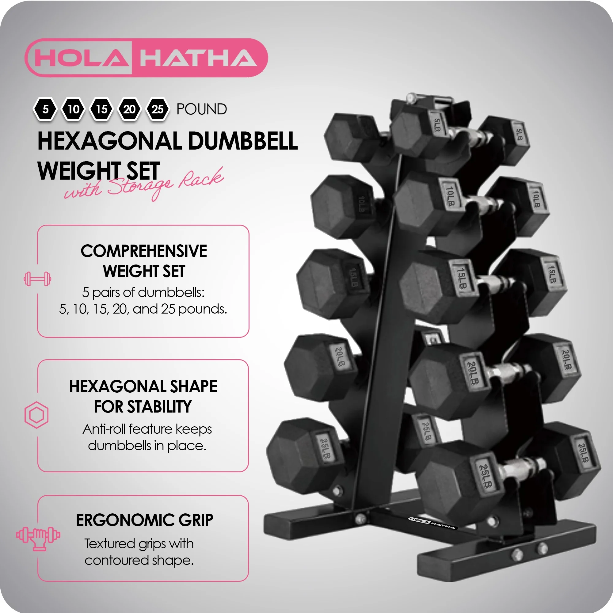 HolaHatha Hex Dumbbell with Rack, 5/10/15/20/25 lb (Black) - Image 2