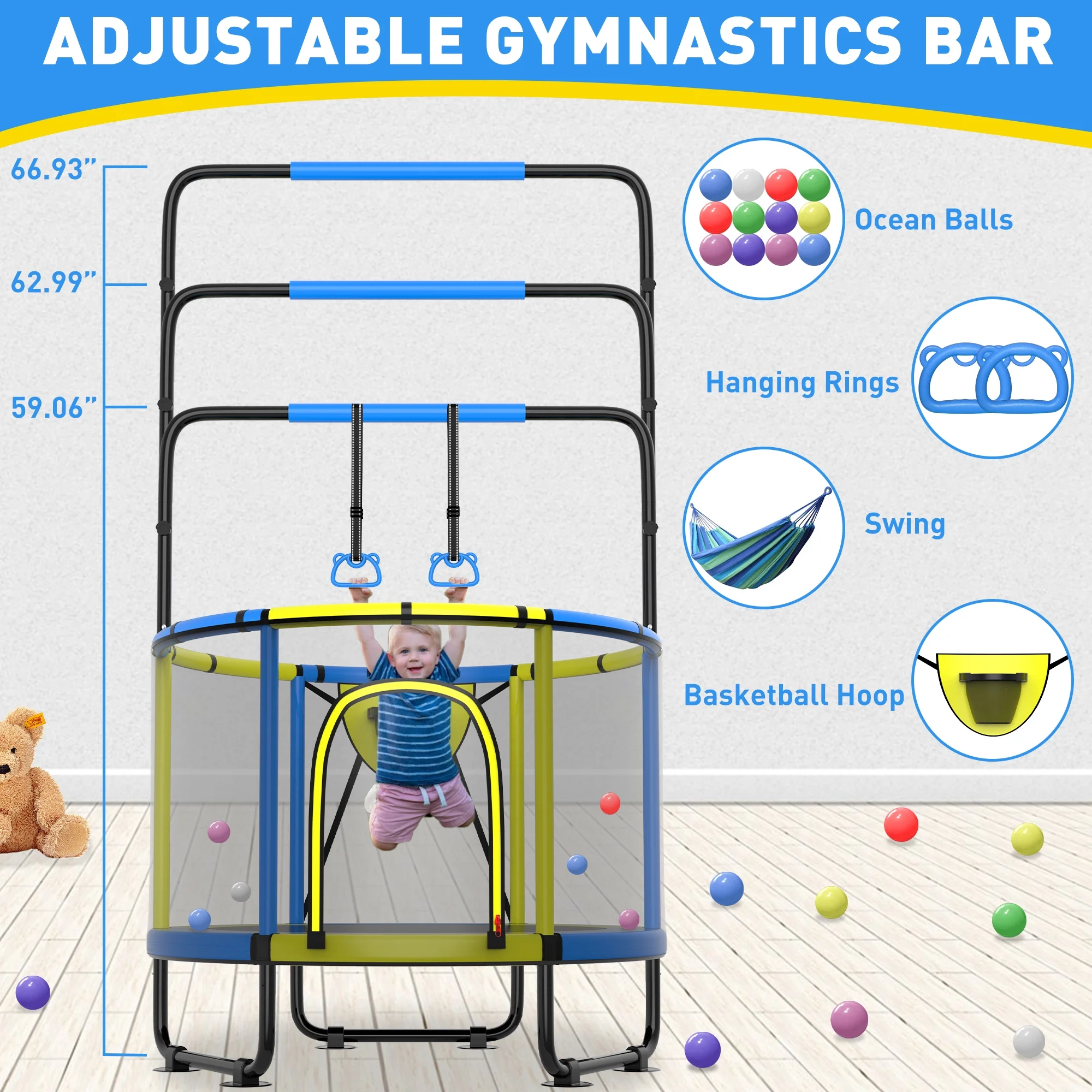 CITYLE Trampoline for Kids 600LBS 60'' 5FT Toddler Trampoline Indoor Outdoor with Basketball Hoop, Swing, Adjustable Bar, Mini Small Trampoline with Enclosure, Gifts for Toddlers, Boys & Girls - Image 36