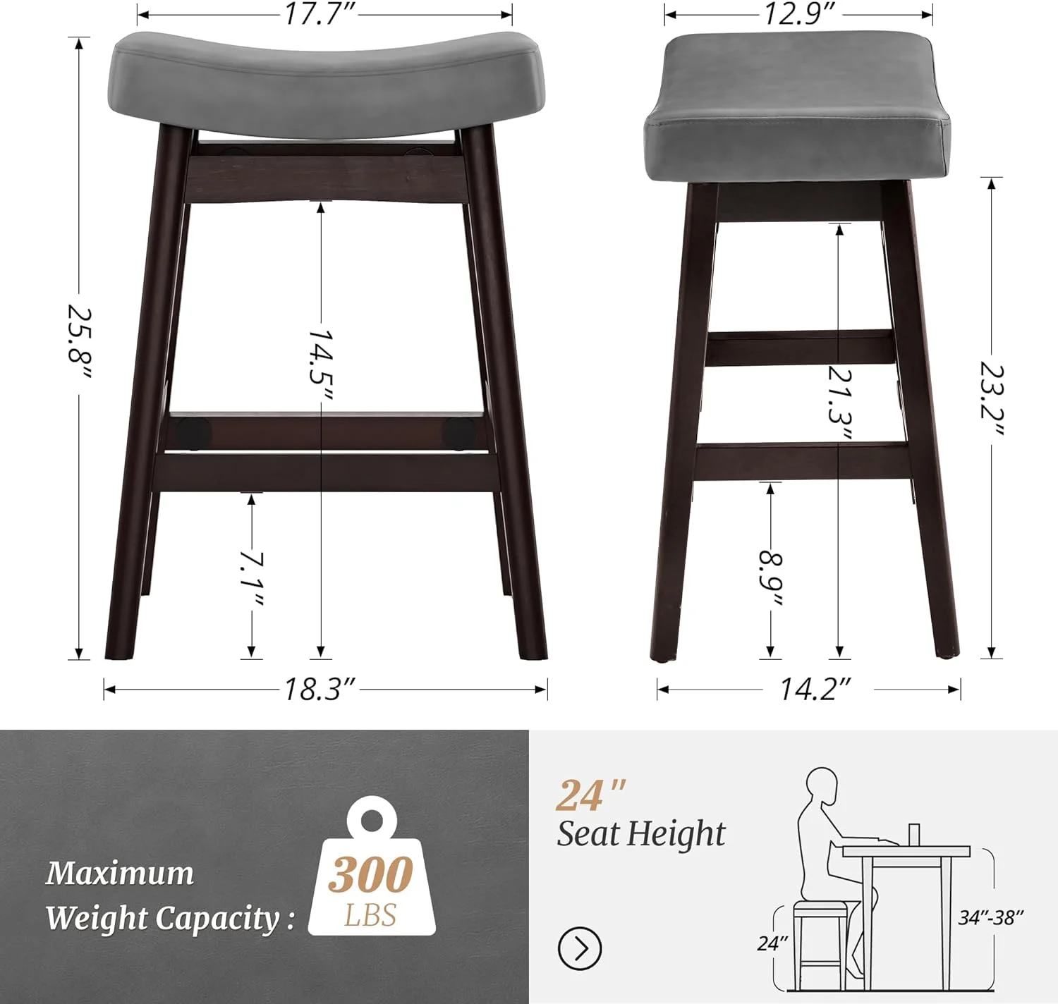 Dycanpo Saddle Seat Counter Height Bar Stools Set of 3 for Kitchen, Dining, 24in, Beige-Fabric - Image 14