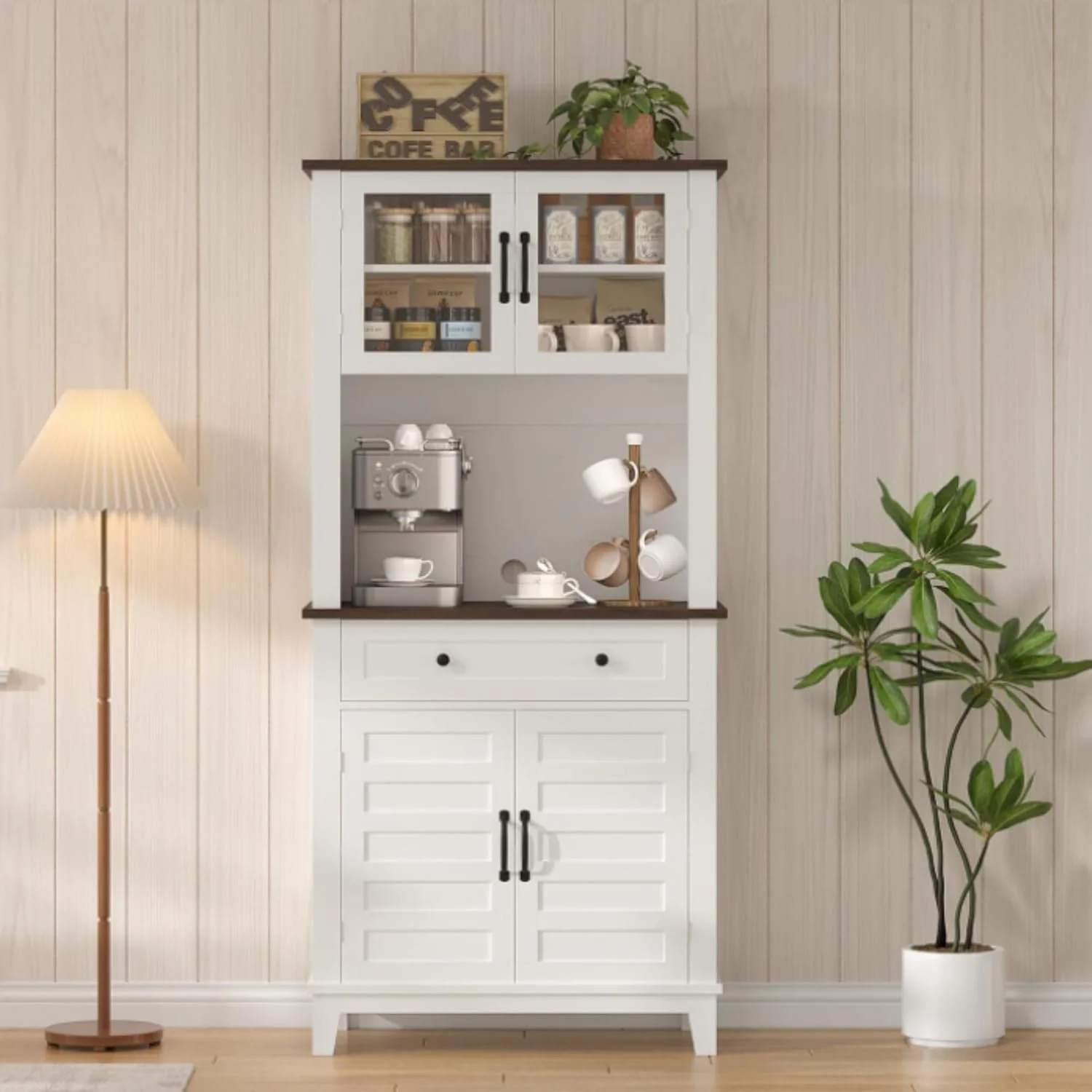 72" White Farmhouse Coffee Bar Cabinet with Storage Drawers & Glass Doors - Kitchen Storage Buffet for Dining Room, Beverage Organizer - Image 3