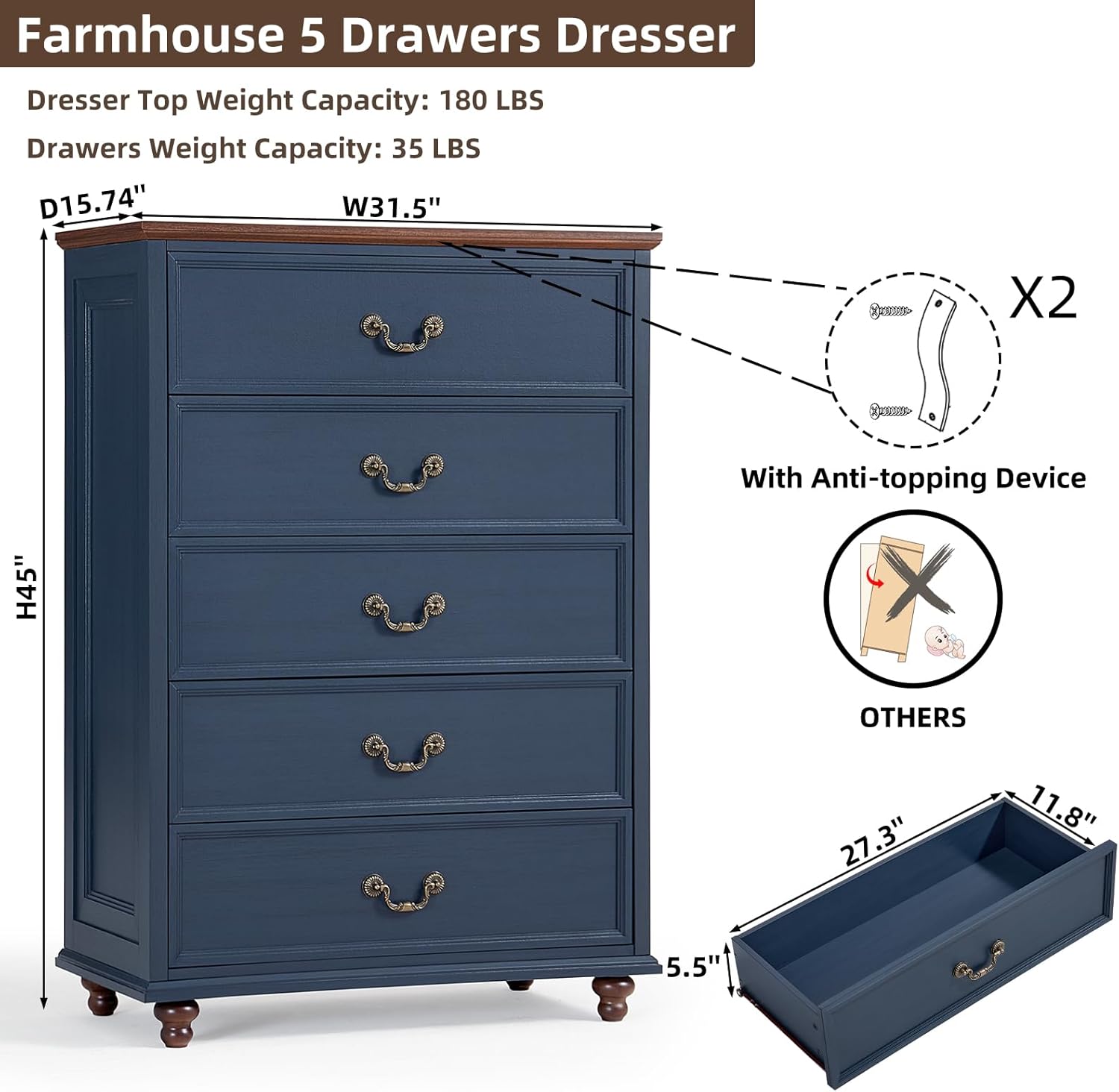 Farmhouse 5 Drawer Dresser for Bedroom, 45