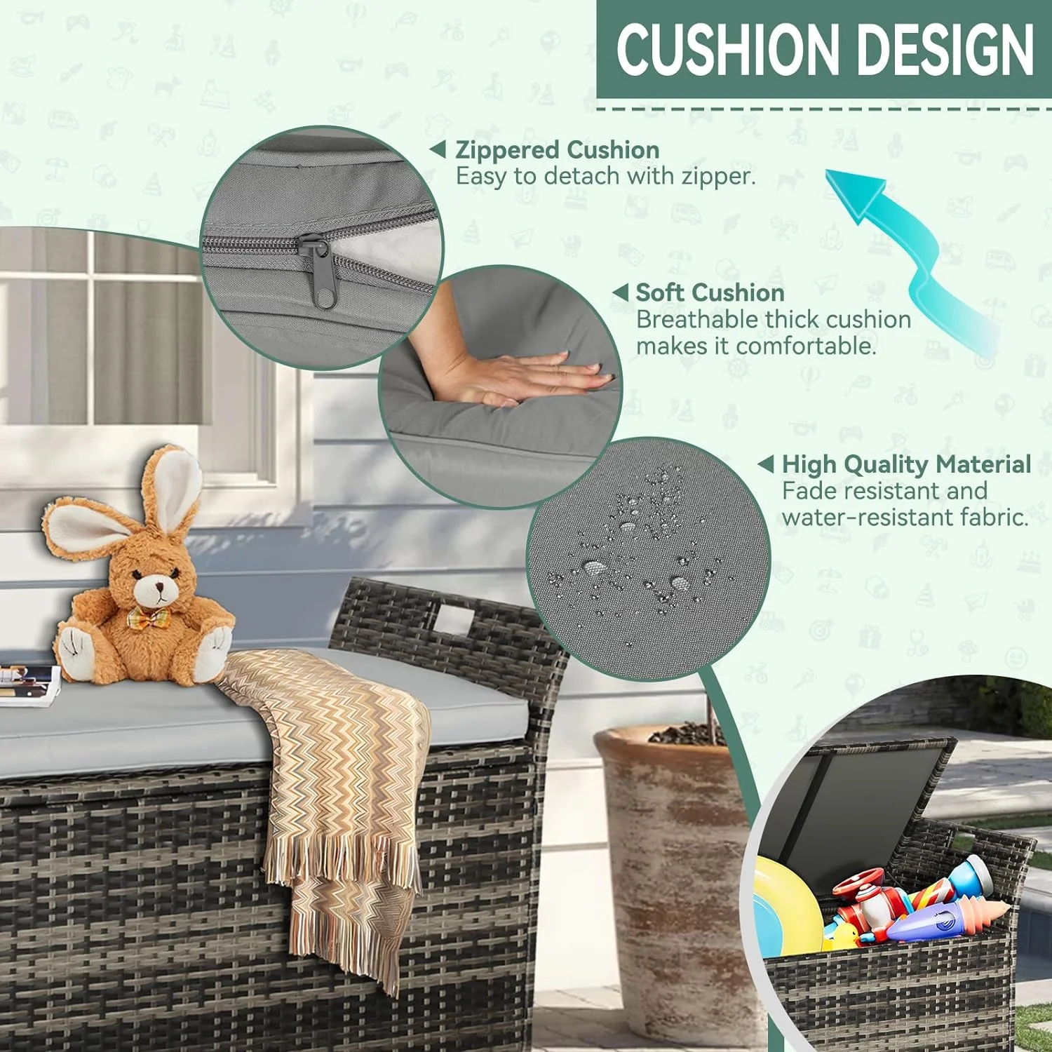 SOLAURA 90 Gallon Patio Wicker Storage Bench w/Cushion, Outdoor Rattan Deck Storage Box w/Handles & Hydraulics, Gray - Image 6