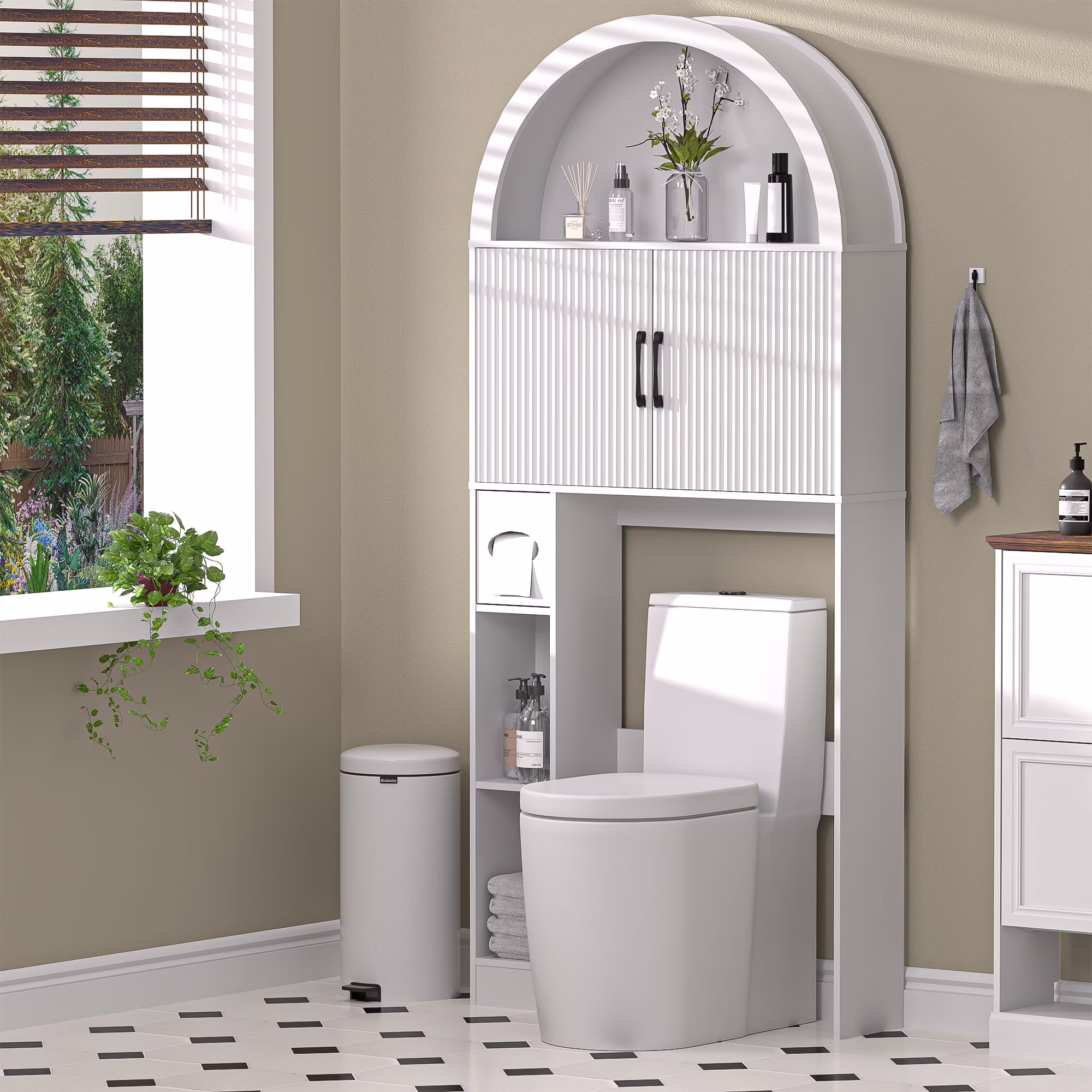HARIPUL Over The Toilet Storage Cabinet w/ Unique Wood Grain & Arc Design, Freestanding Bathroom Shelf Organizer Space Saver w/ Doors & Anti-Tip Device, Wood Color - Image 11