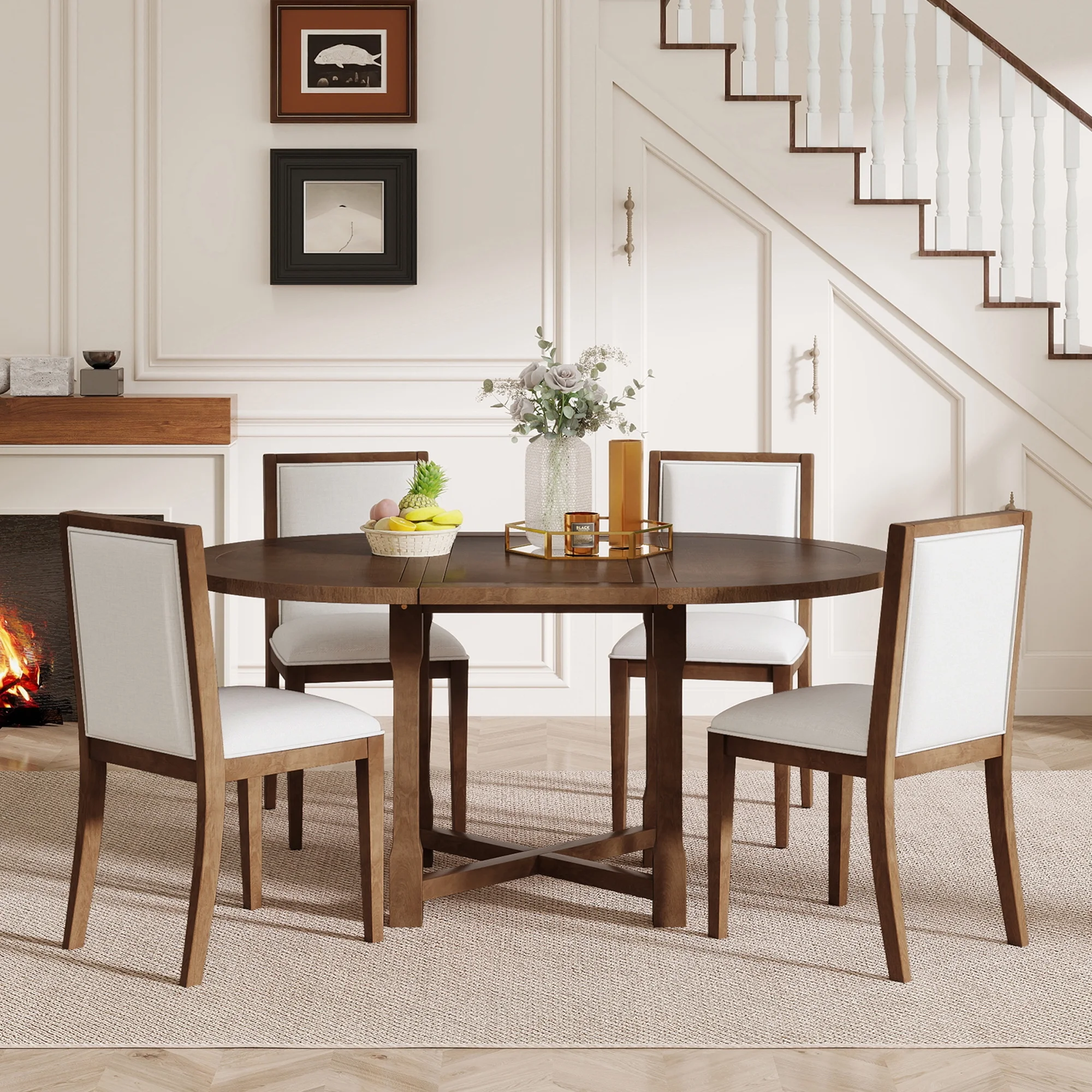 Harper & Bright Designs Farmhouse Extendable Dining Table Set for 4, Round Dining Table for 4 with Upholstered Chairs, Kitchen Table Set with Removable Leaf for Dining Room, Brown