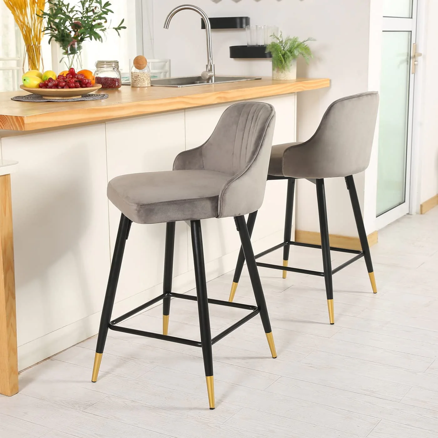EiweLive 25'' Swivel Bar Stools with Back Set of 4, Gray Velvet Counter Height Stools for Kitchen Island, Pub - Image 5