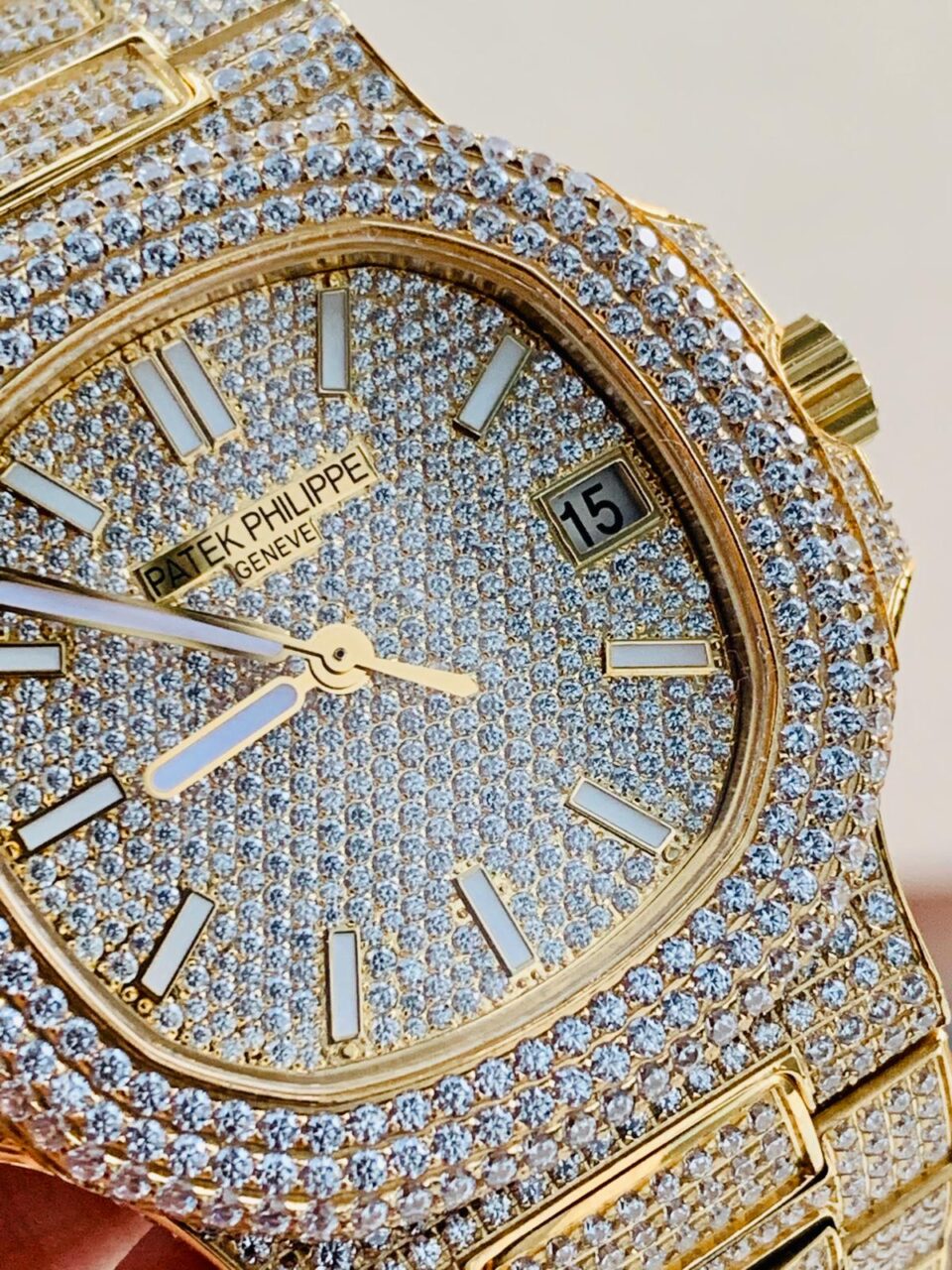 Replica PATEK PHILIPPE ICED Nautilus Jumbo 5711 YG TWF Full Paved Diamonds Dial Case and Bracelet A324 - Elite Watch Atelier